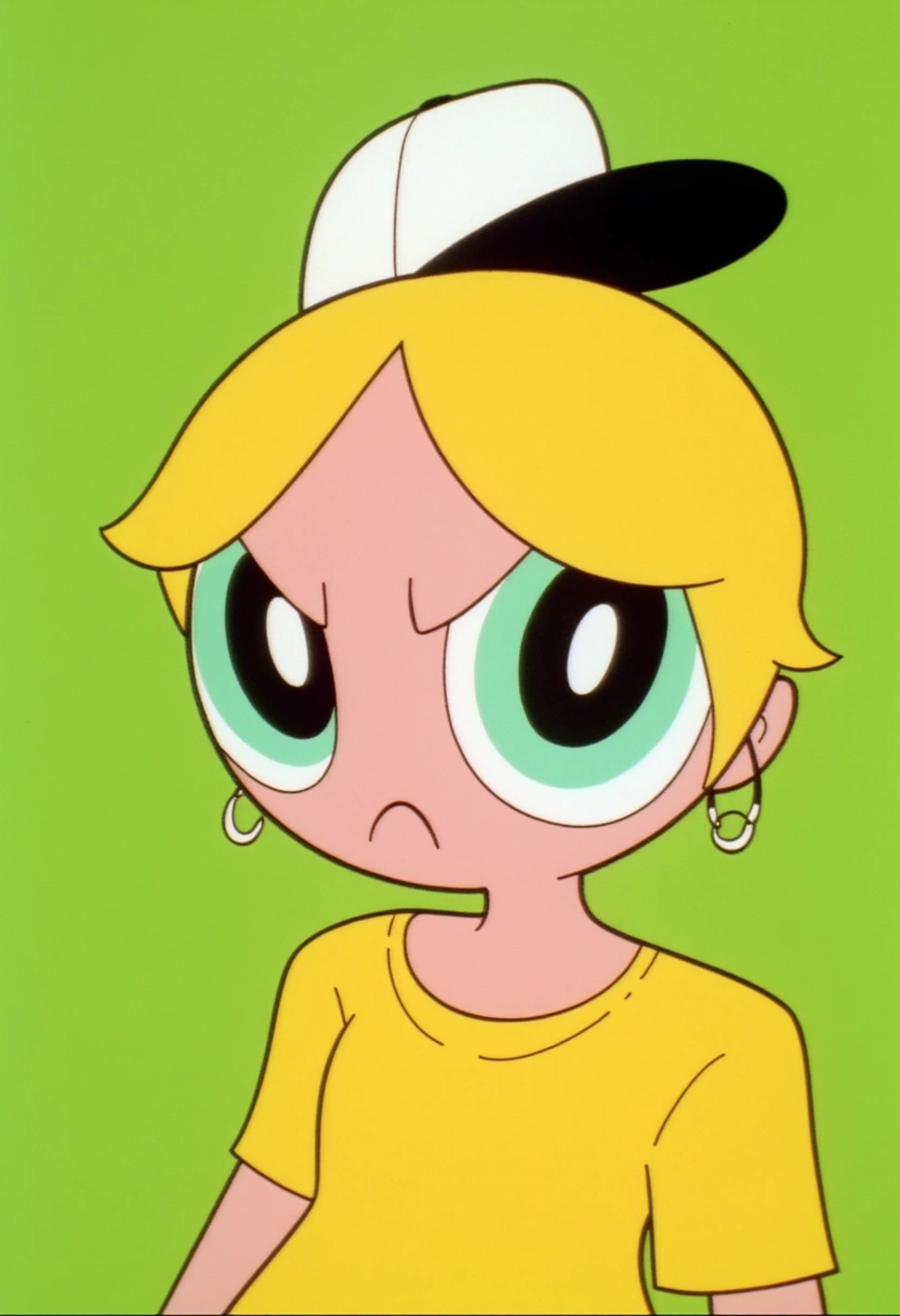A girl with short blonde hair and aqua eyes,  wearing a yellow shirt and a baseball cap. She has hoop earrings,  a neutral...