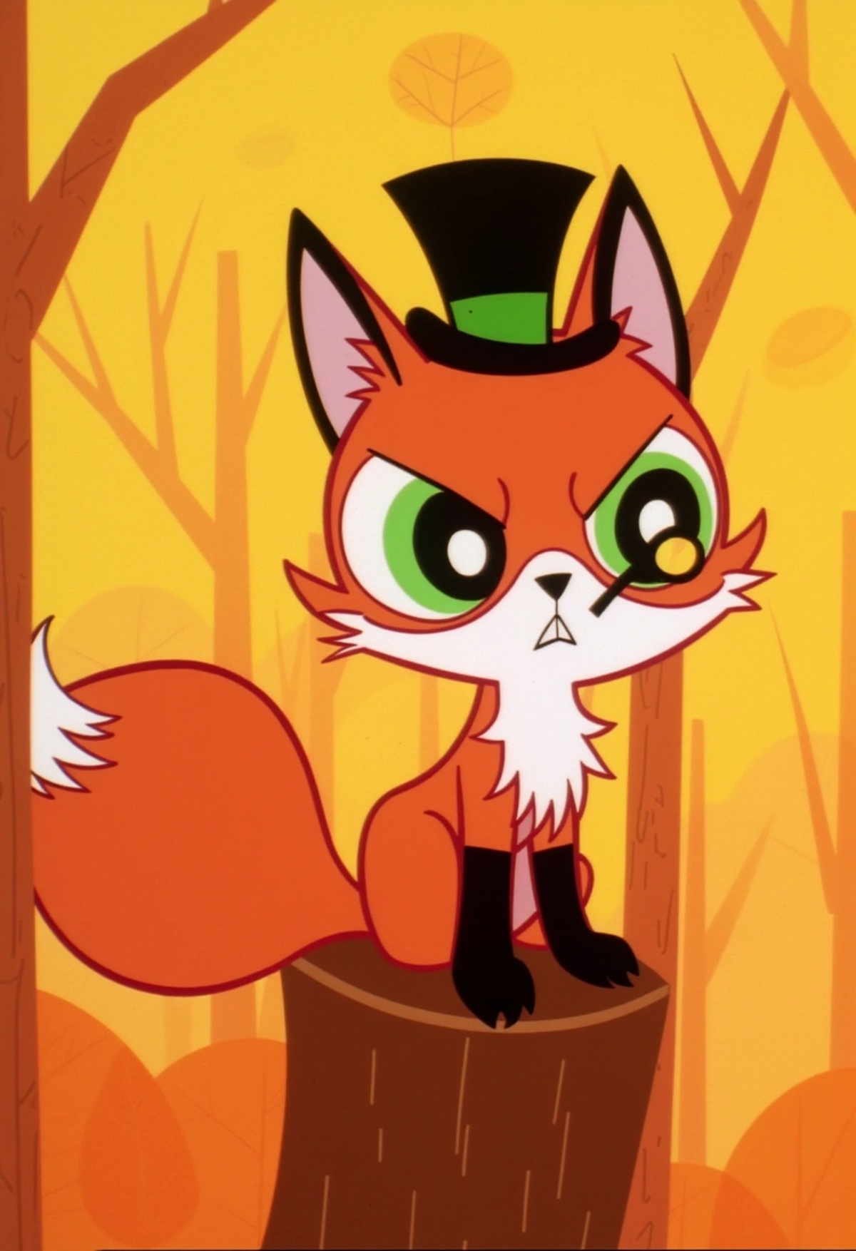 A mischievous fox with bright green eyes and a bushy tail,  wearing a tiny top hat and monocle,  smirking at the viewer as...