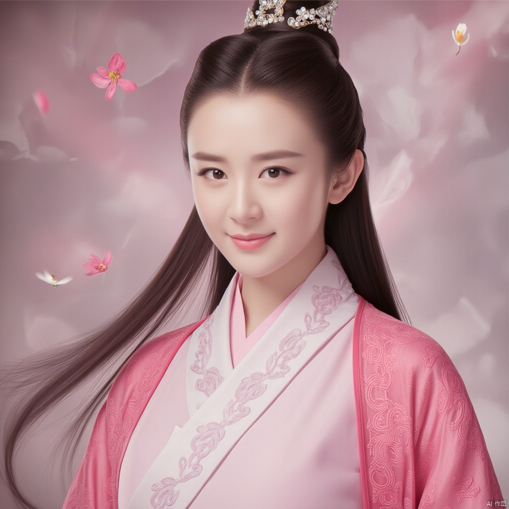masterpiece, 1 girl, 18 years old, Lovely, Look at me, Long hair, Portrait, Delicate eyes, Hanfu, Light pink hanfu, Ornate embroidery, Incredible scenes, Falling flowers, Diamond Earrings, Smile, textured skin, super detail, best quality