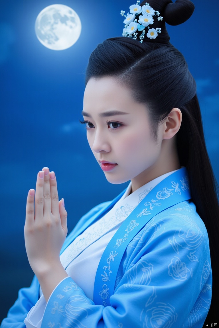 masterpiece, 1 girl, Look at me, Hanfu, Blue and white porcelain decoration, Simple background, Flowers, night, Moon, textured skin, super detail, best quality