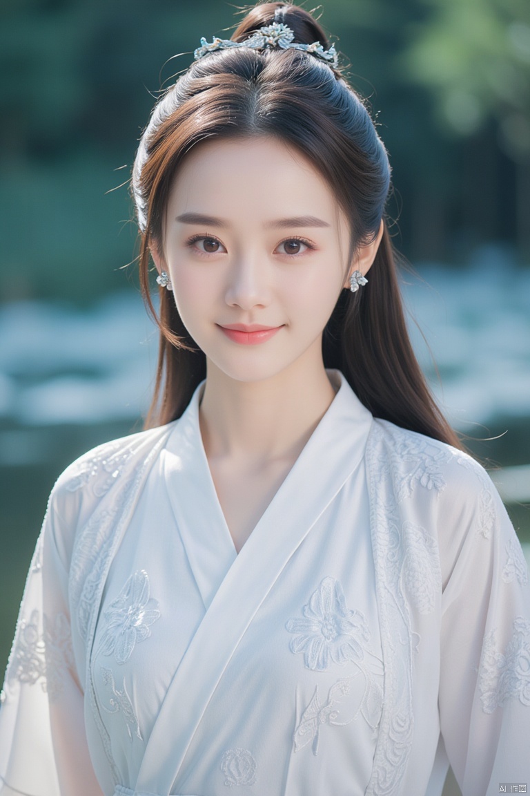 masterpiece, 1 girl, 18 years old, Lovely, Smile, Look at me, Long hair, Delicate eyes, Hanfu, White Han suit, Ornate embroidery, Indoor, Outside the window is a pond, a lotus, Unreal scenes, A fantastic scene, Diamond Earrings, Particle special effect, Moonlight, textured skin, super detail, best quality