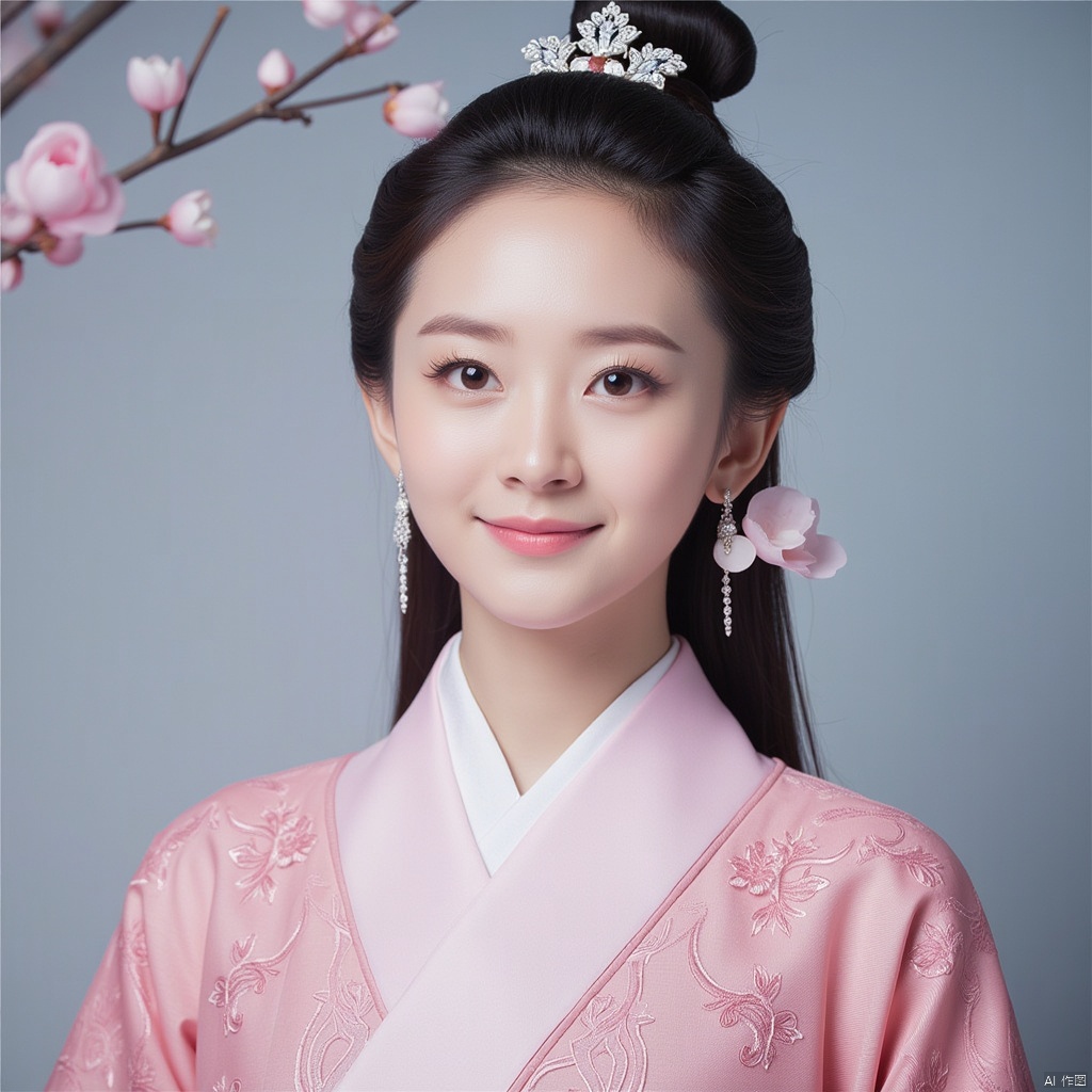 masterpiece, 1 girl, 18 years old, Lovely, Look at me, Long hair, Portrait, Delicate eyes, Hanfu, Light pink hanfu, Ornate embroidery, Incredible scenes, Falling flowers, Diamond Earrings, Smile, textured skin, super detail, best quality