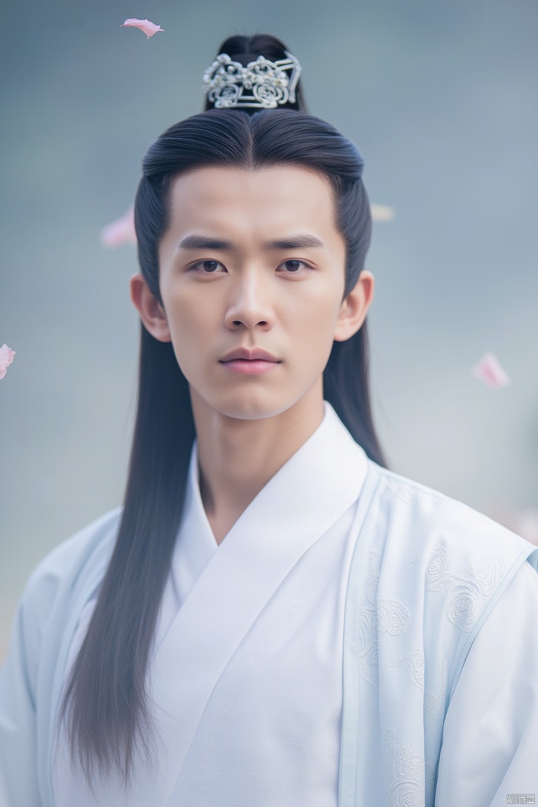 masterpiece, 1 Boy, 18 years old, Look at me, Handsome, Long hair, Hanfu, White Han suit, Portrait, Masculine, Muscular development, Strong and healthy, Outdoor, A hazy background, Flying petals, Male focus, textured skin, super detail, best quality