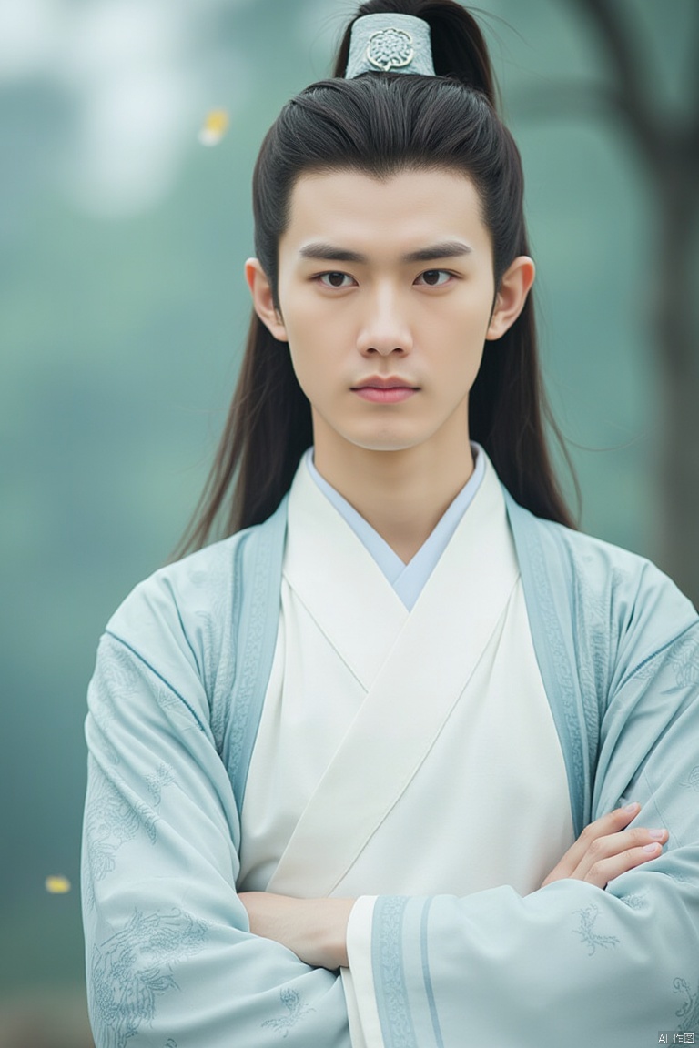 masterpiece, 1 Man, 18 years old, Look at me, Handsome, Long hair, Hanfu, White Han suit, Portrait, Masculine, Muscular development, Strong and healthy, Outdoor, A hazy background, Flying petals, Male focus, Hand-held, Jade flute, textured skin, super detail, best quality