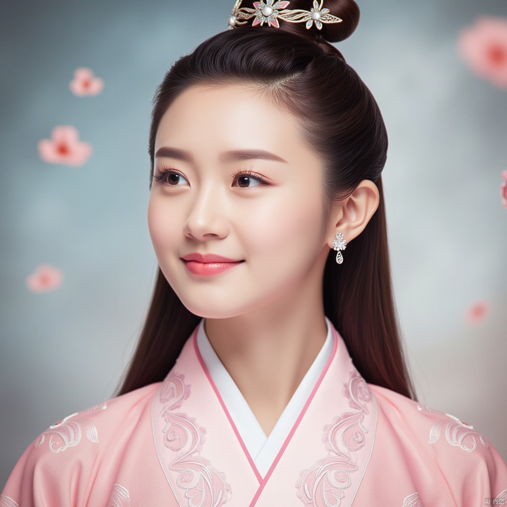 masterpiece, 1 girl, 18 years old, Lovely, Look at me, Long hair, Portrait, Delicate eyes, Hanfu, Light pink hanfu, Ornate embroidery, Incredible scenes, Falling flowers, Diamond Earrings, Smile, textured skin, super detail, best quality