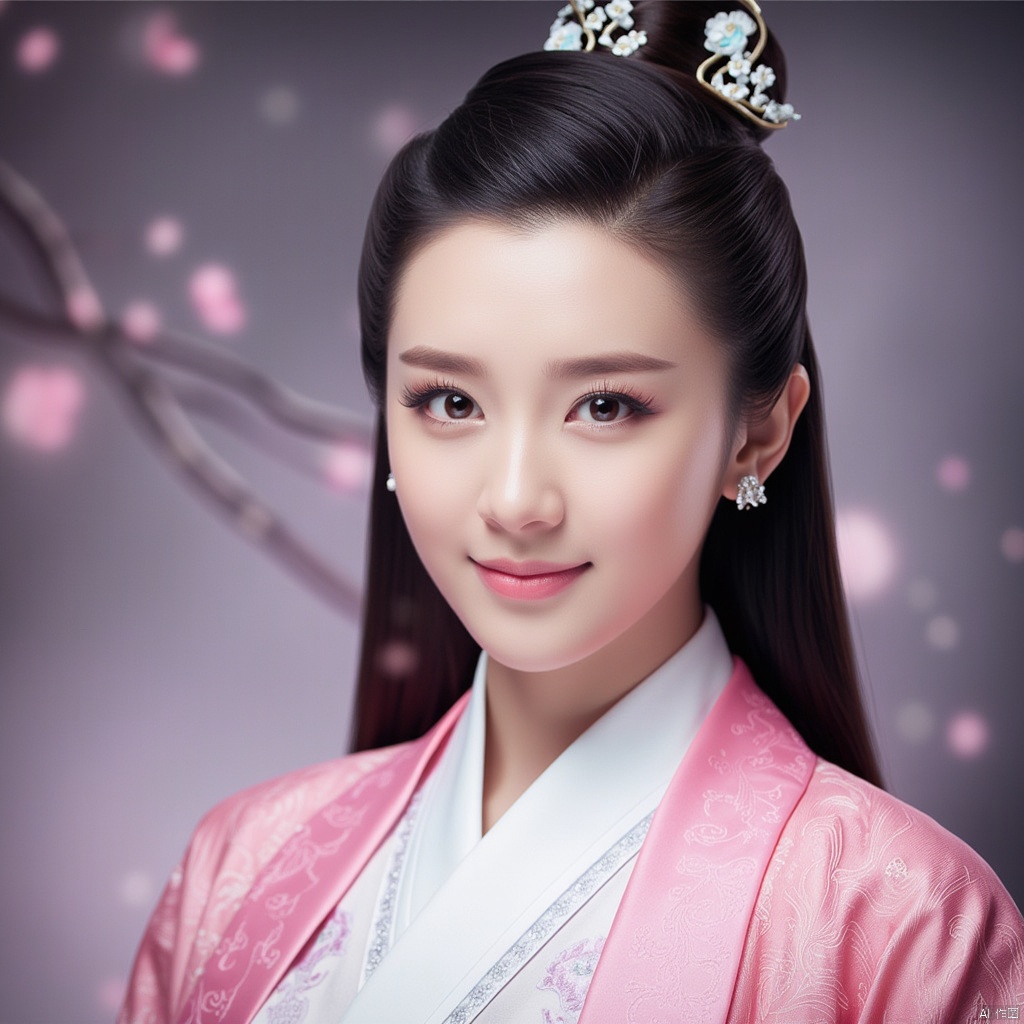 masterpiece, 1 girl, 18 years old, Lovely, Look at me, Long hair, Portrait, Delicate eyes, Hanfu, Light pink hanfu, Ornate embroidery, Incredible scenes, Falling flowers, Diamond Earrings, Smile, textured skin, super detail, best quality