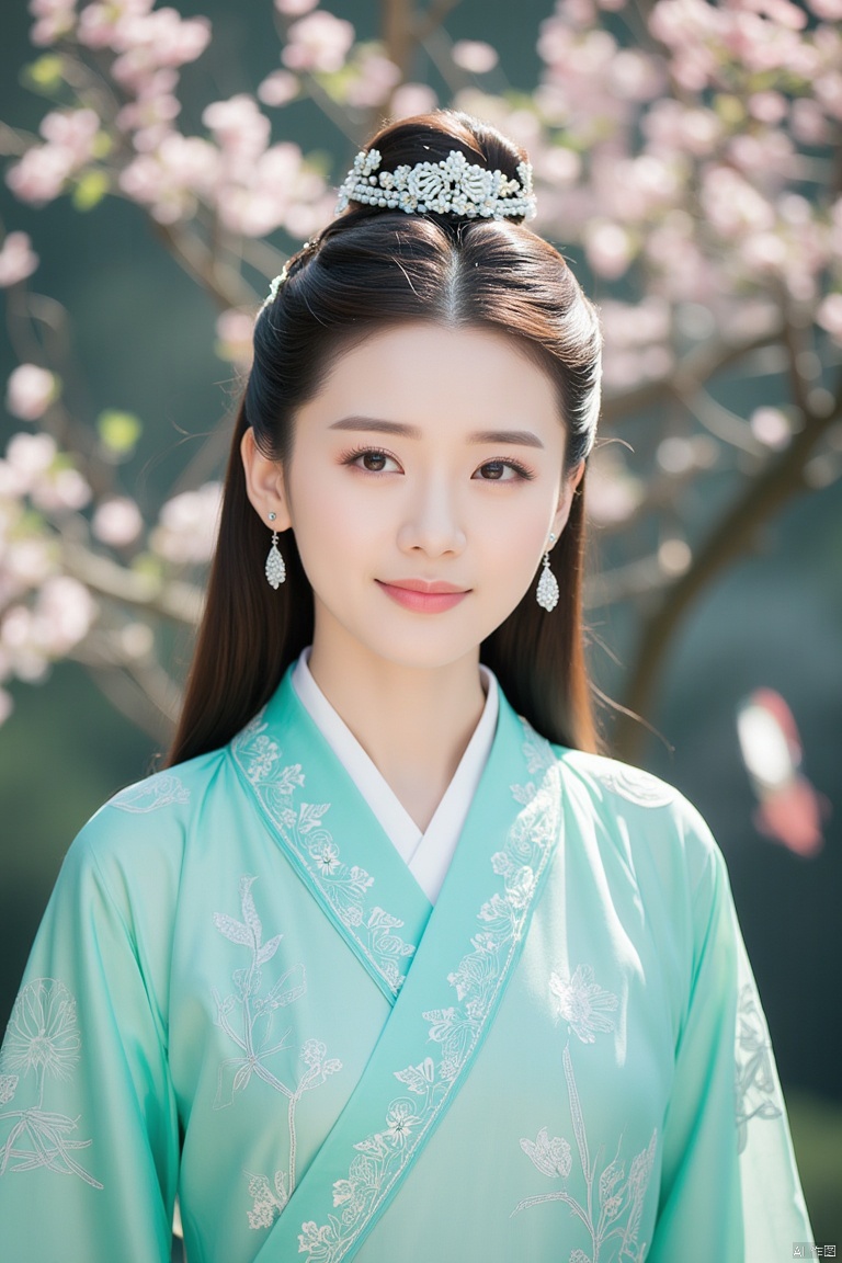masterpiece, 1 girl, 18 years old, Lovely, Smile, Look at me, Long hair, Delicate eyes, Hanfu, Light green Han suit, Ornate embroidery, Incredible scenes, A fantastic scene, Peach tree, Falling flowers, Diamond Earrings, Particle special effect, Whole body, textured skin, super detail, best quality