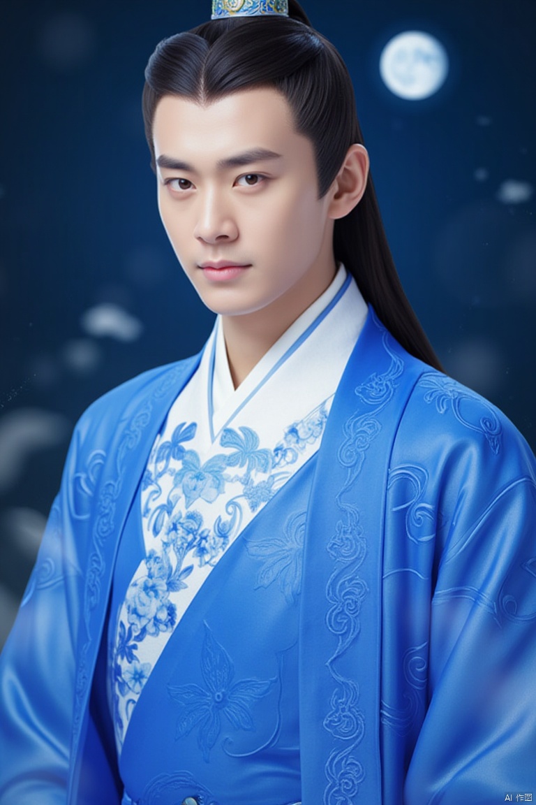 masterpiece, 1 boy, Look at me, Handsome, Hanfu, Blue and white porcelain decoration, Simple background, Flowers, night, Moon, textured skin, super detail, best quality