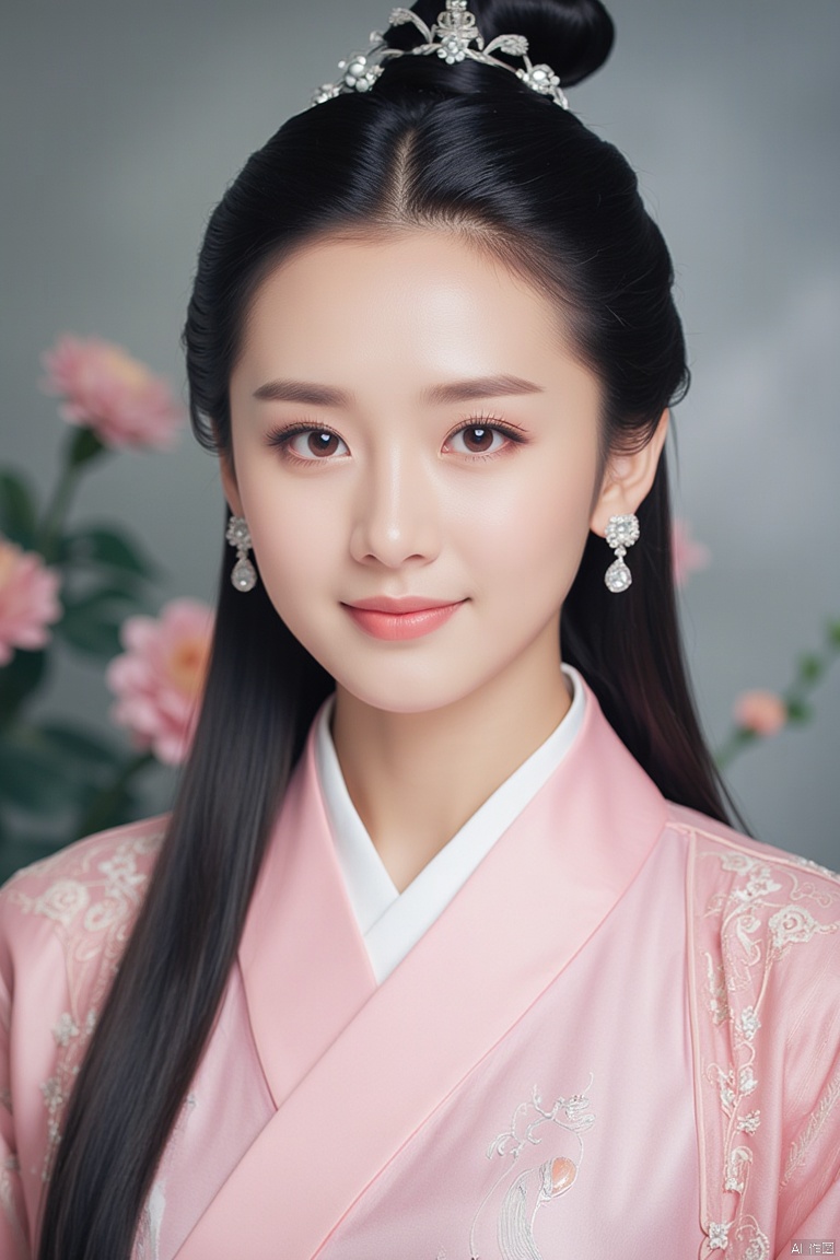masterpiece, 1 girl, 18 years old, Lovely, Look at me, Long hair, Portrait, Delicate eyes, Hanfu, Light pink hanfu, Ornate embroidery, Incredible scenes, Falling flowers, Diamond Earrings, Smile, textured skin, super detail, best quality