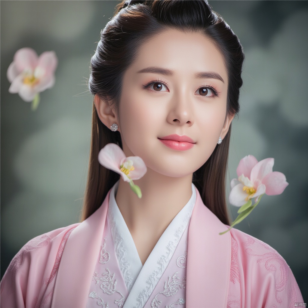 masterpiece, 1 girl, 18 years old, Lovely, Look at me, Long hair, Portrait, Delicate eyes, Hanfu, Light pink hanfu, Ornate embroidery, Incredible scenes, Falling flowers, Diamond Earrings, Smile, textured skin, super detail, best quality