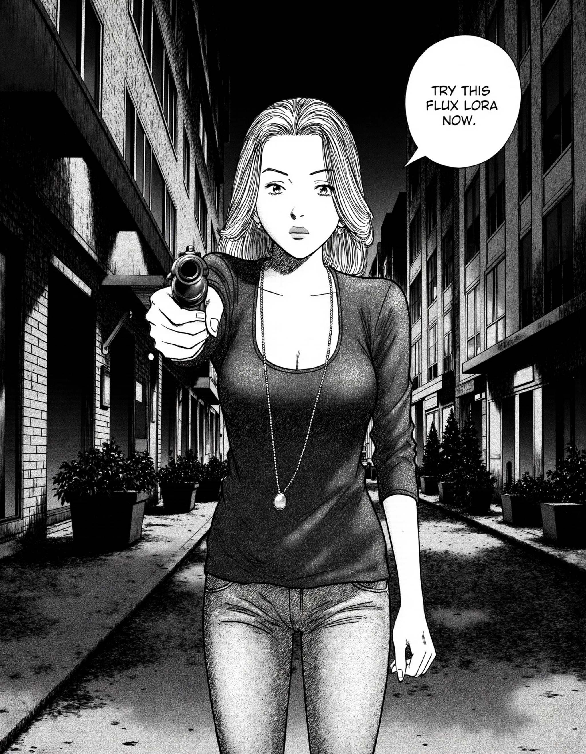 a naoUrasawa style image of a girl standing on a street at night. She is pointing a glock 19 at the camera. She is wearing...