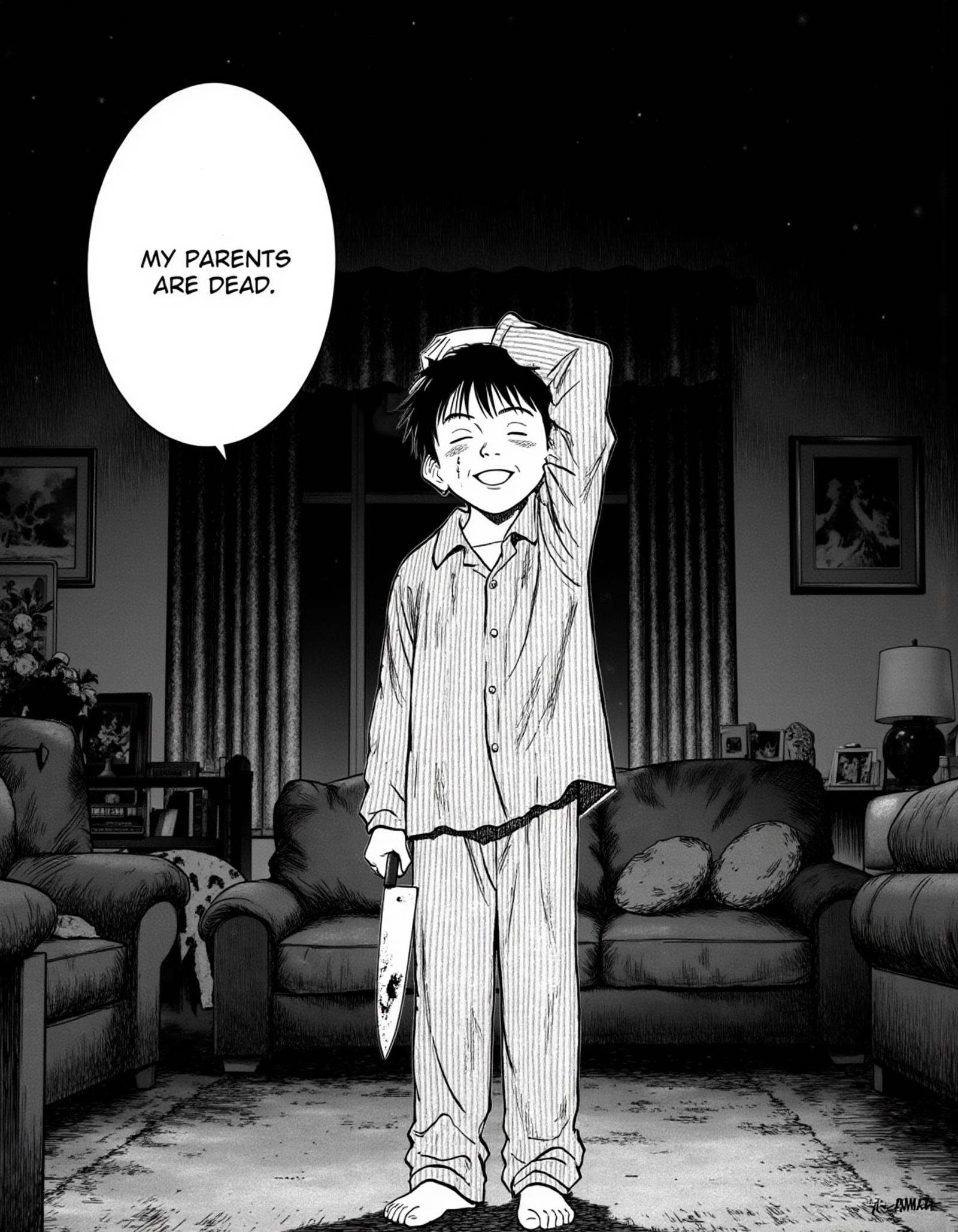A naoUrasawa style image of a kid in a living room by night. He his holding a knife with blood on it in one hand,  and has...