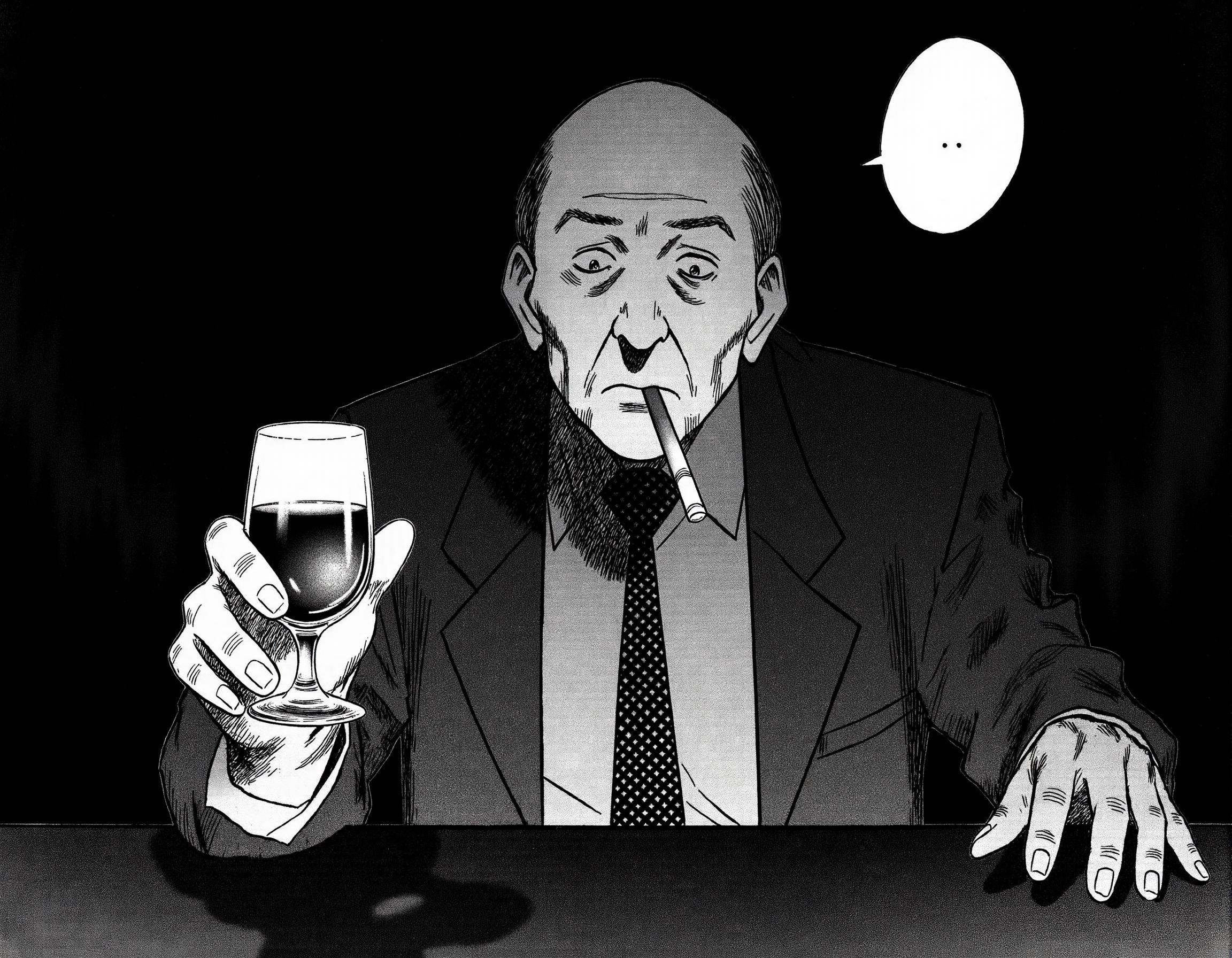 A naoUrasawa style image of a solitary man sitting at a dark bar,  a glass of whiskey in his hand and a cigaret in his mou...