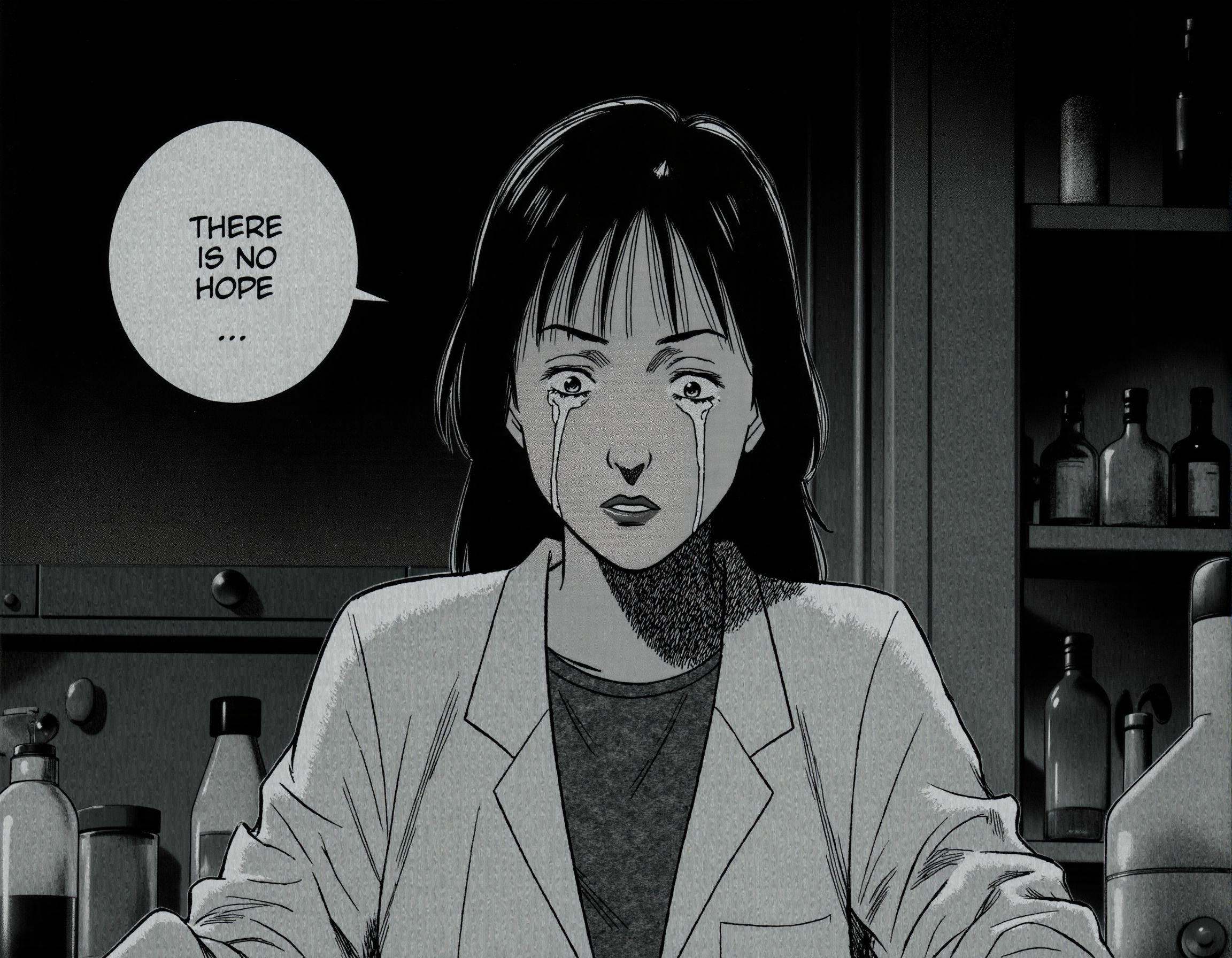 A naoUrasawa style image of a brilliant but disheveled female scientist in her lab. The lab is dark. She his looking down,...