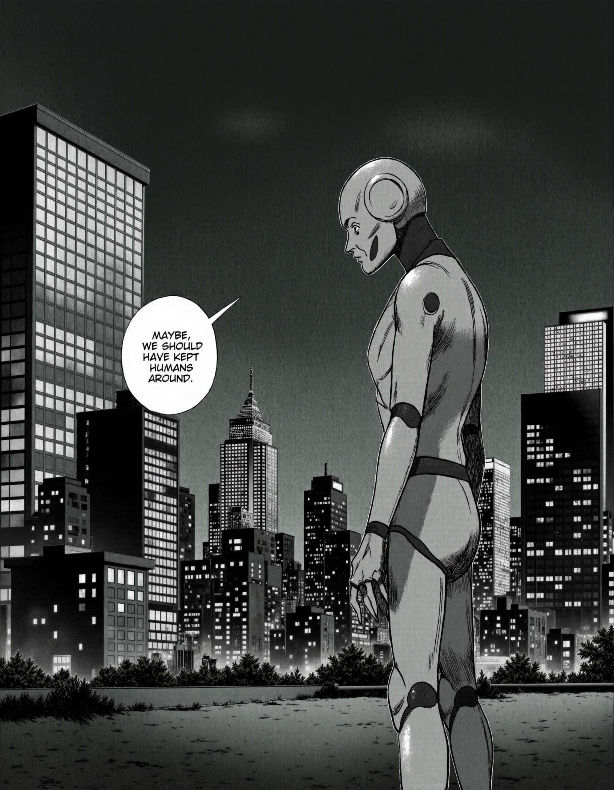 A naoUrasawa style image of a robot standing in a futuristic city by night. The robot seems bored. There is a bubble next...