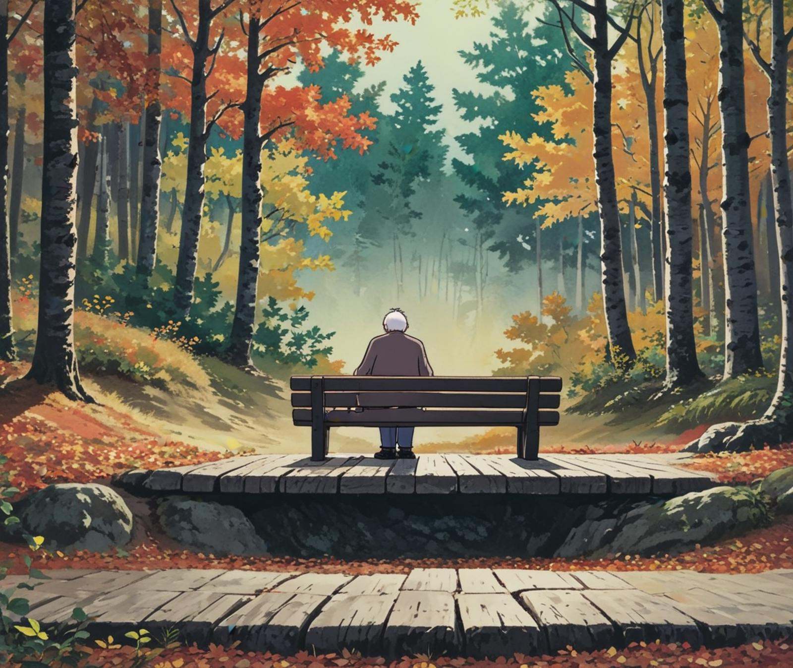 A KikiLaPetiteSorciere style illustration of an elderly man sitting alone on a wooden bench in a forest. He is facing away...