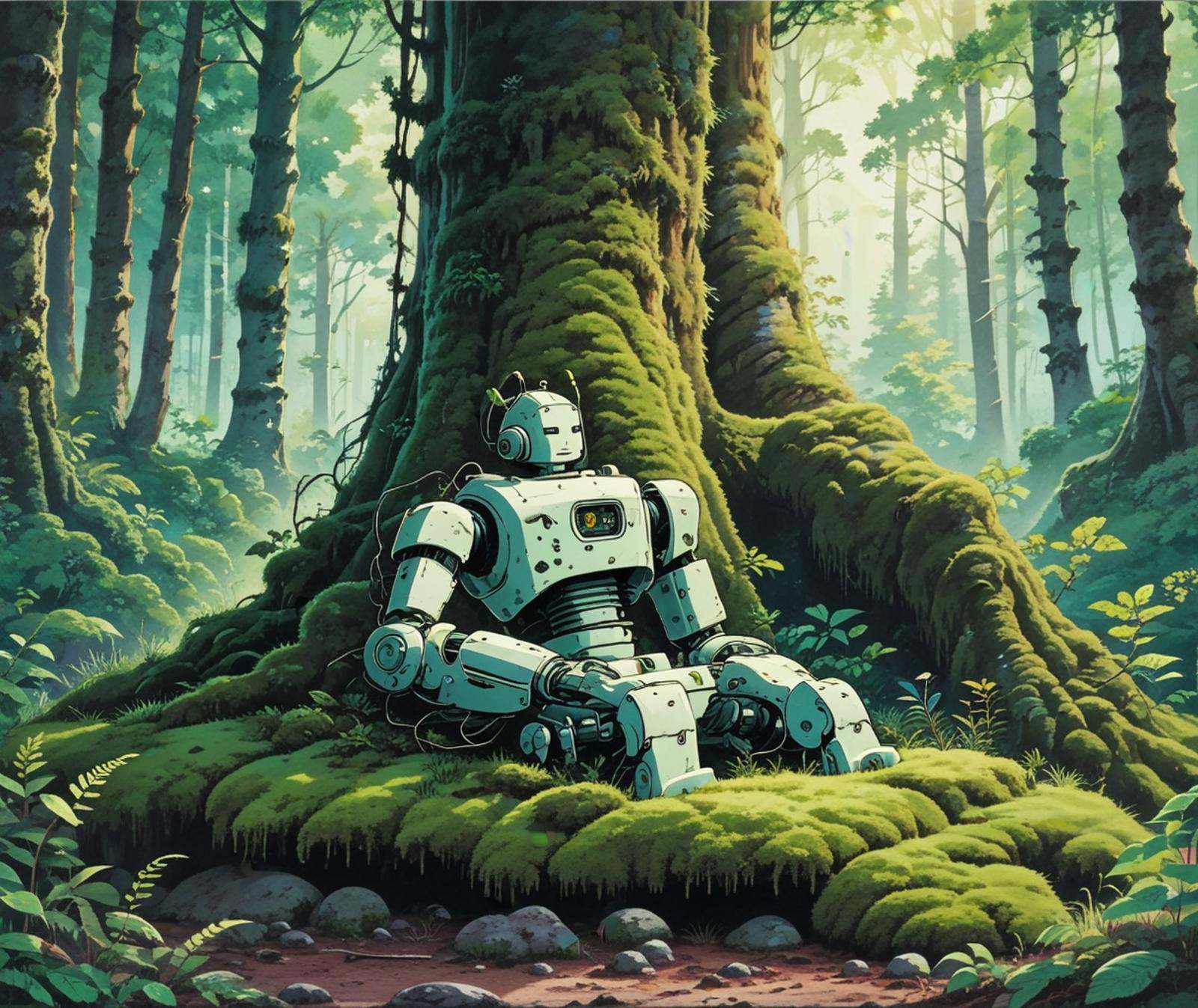 A KikiLaPetiteSorciere style illustration of an ancient abondonned humanoid robot laying against a large tree in a lush gr...