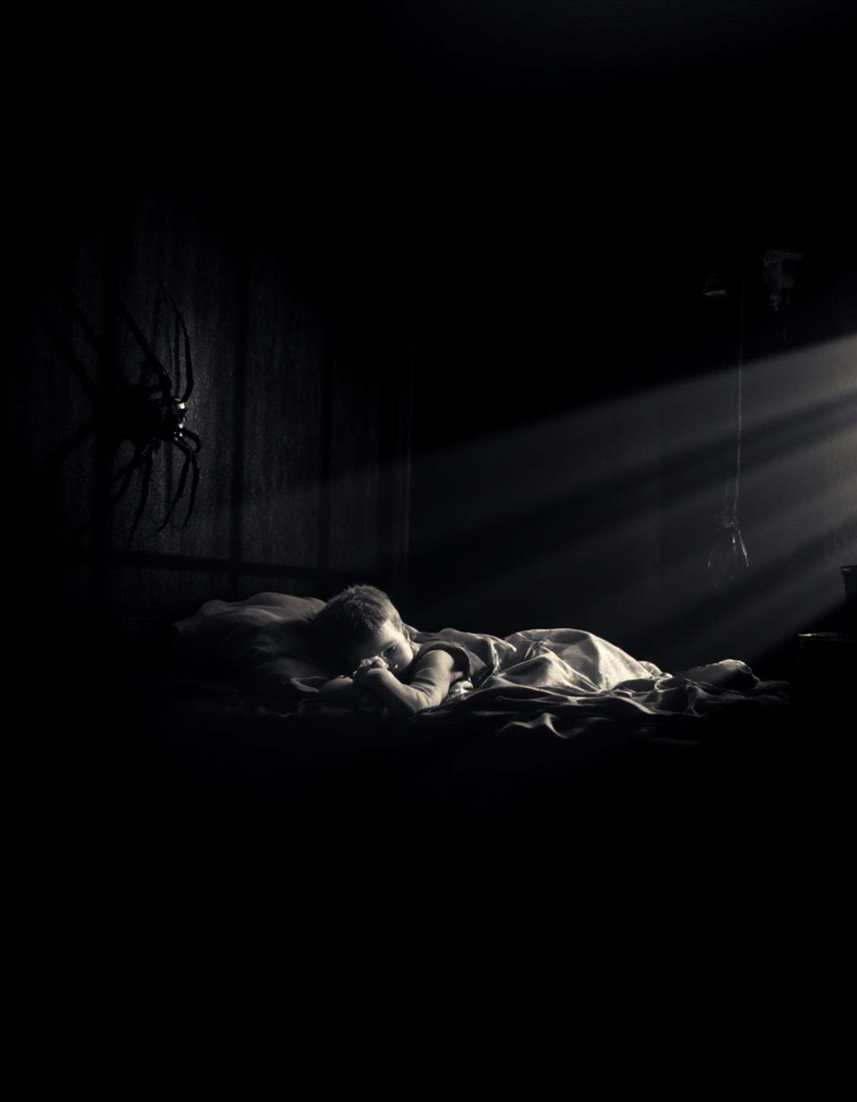 a child in a bed sleeping in a dark room. In the shadow there is a big spider on the wall next to the child. The spider's...