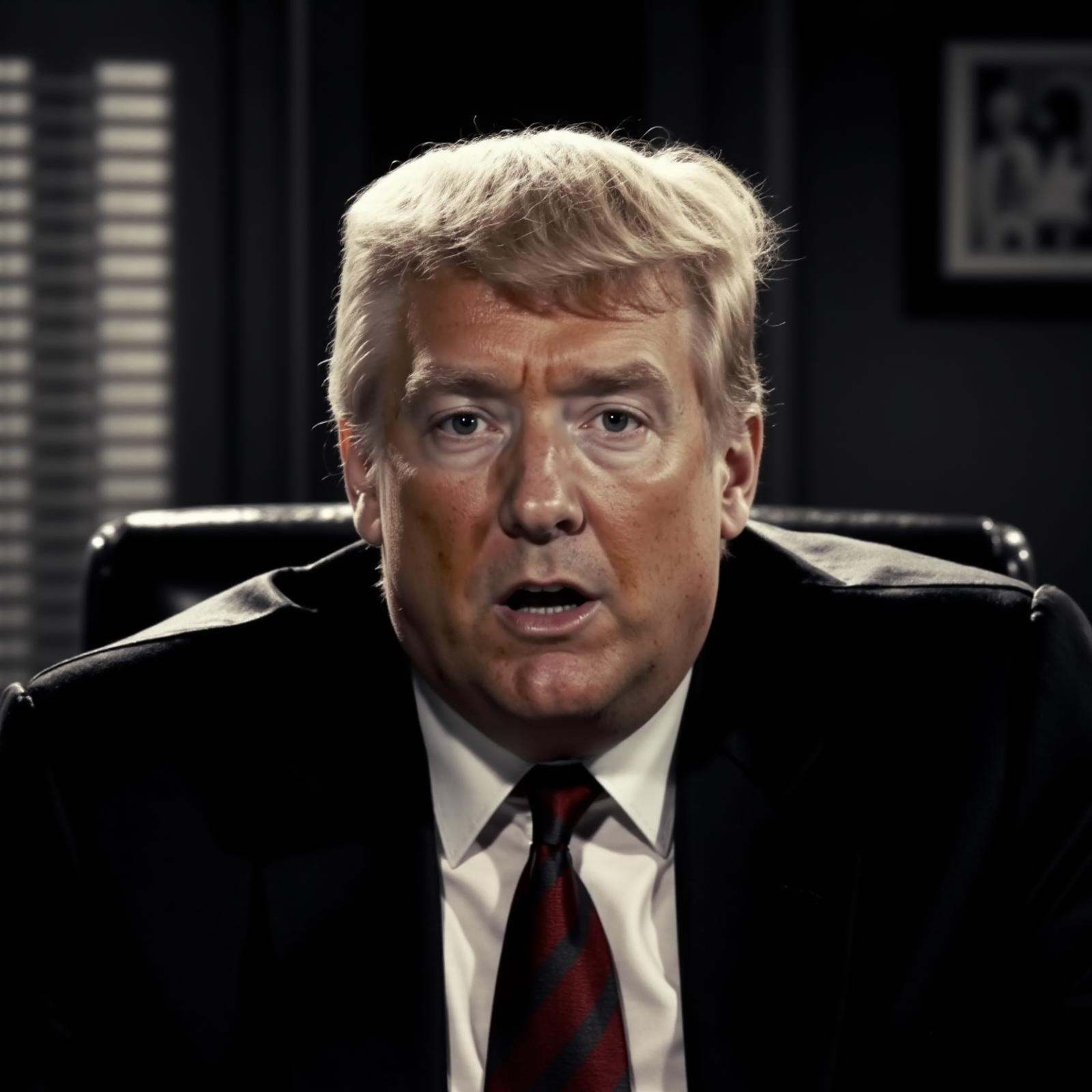 a moody close-up portrait of Donald Trump. He is wearing a suit and a tie. He has shocked expression on his face,  with hi...