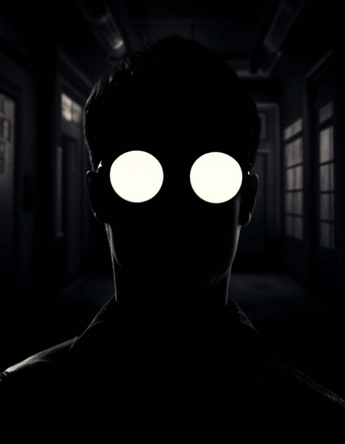 a high-contrast,  noir-style portrait of a mysterious figure in round,  reflective glasses. The figure's face is in silhou...