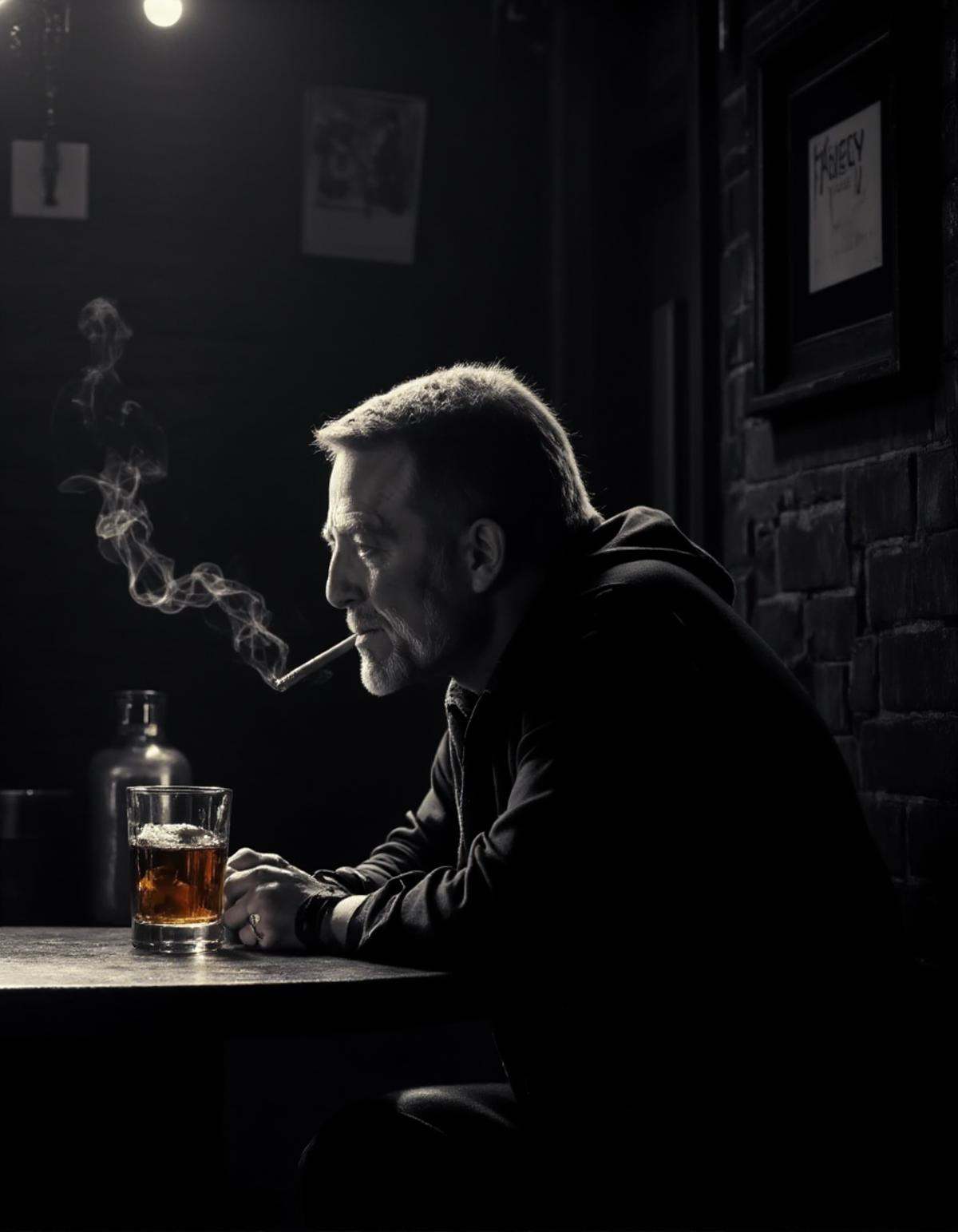 a solitary man sitting at a dark bar with a glass of whiskey in his hand and a cigarette in his mouth with smoke around. H...
