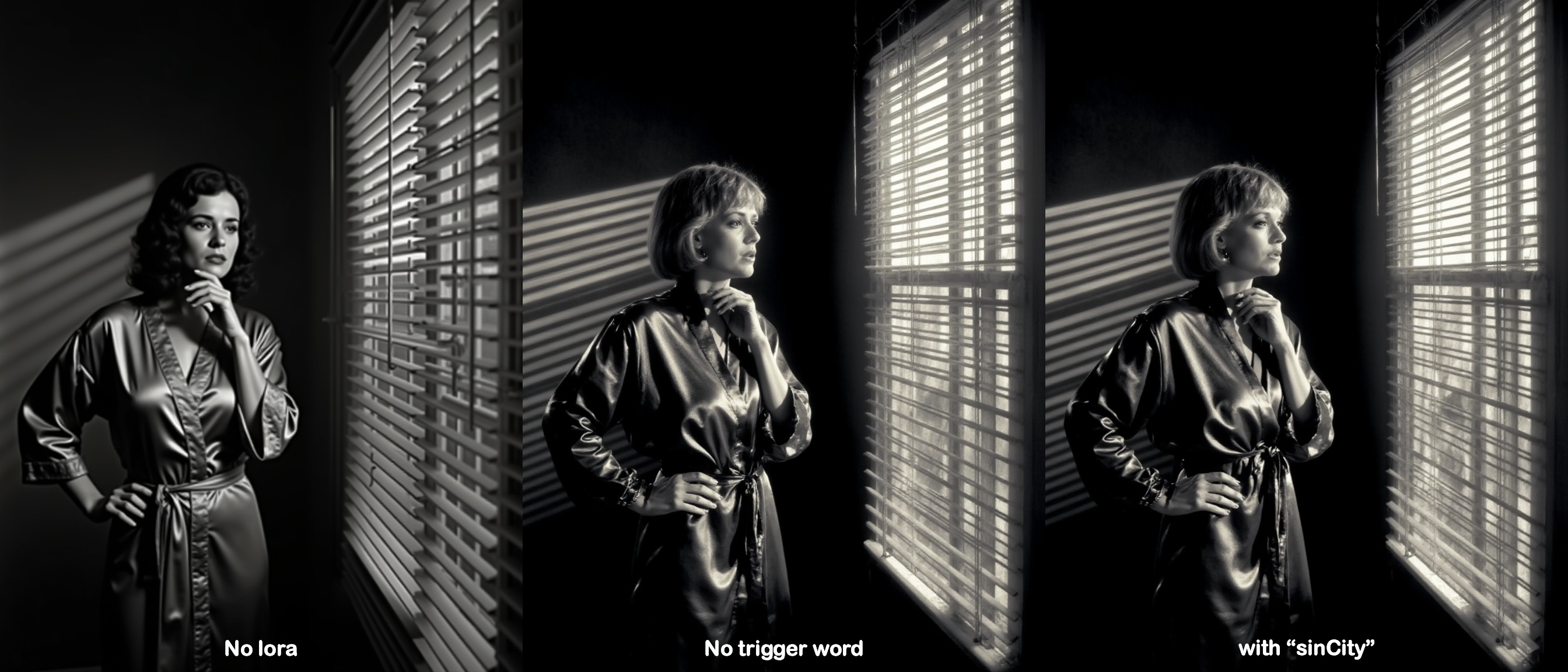 A movie still from Sin City of a moody,  black-and-white scene featuring a woman standing in front of a window with blinds...