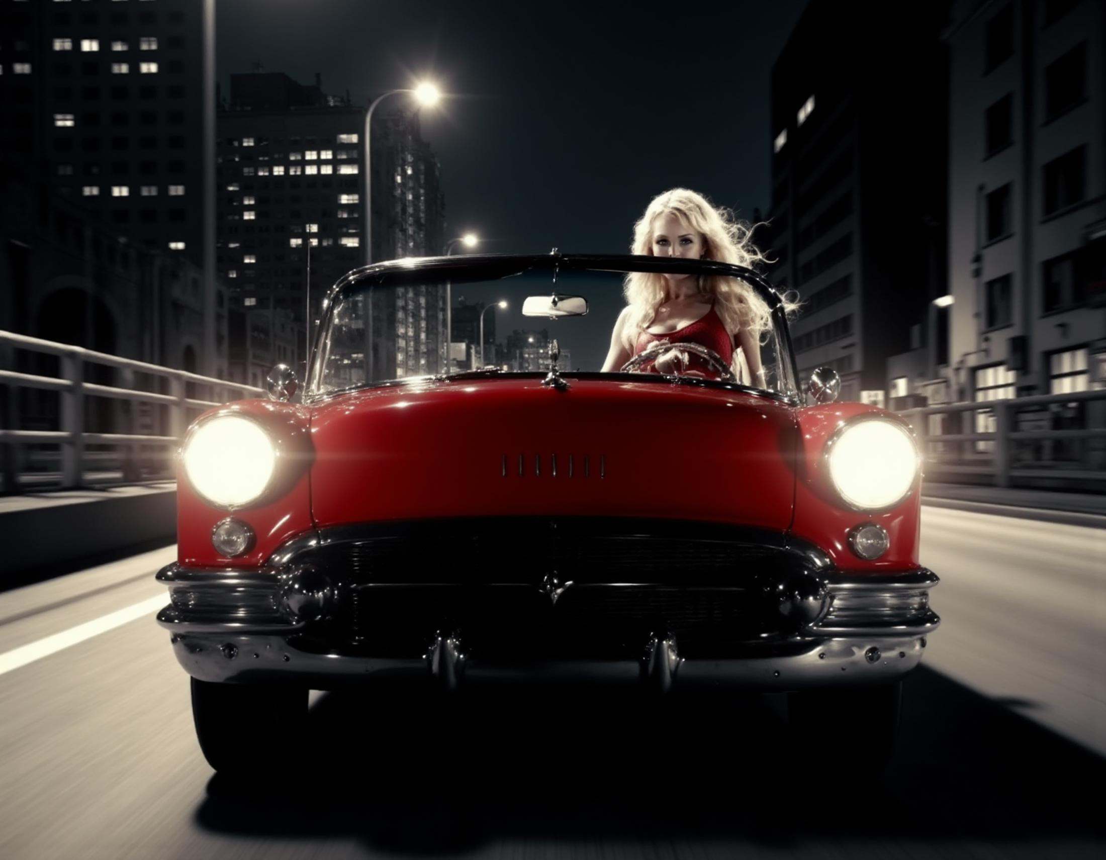 a sexy woman driving a vintage red car on a street at night,  with her hair flying with the speed. The car has a large fro...
