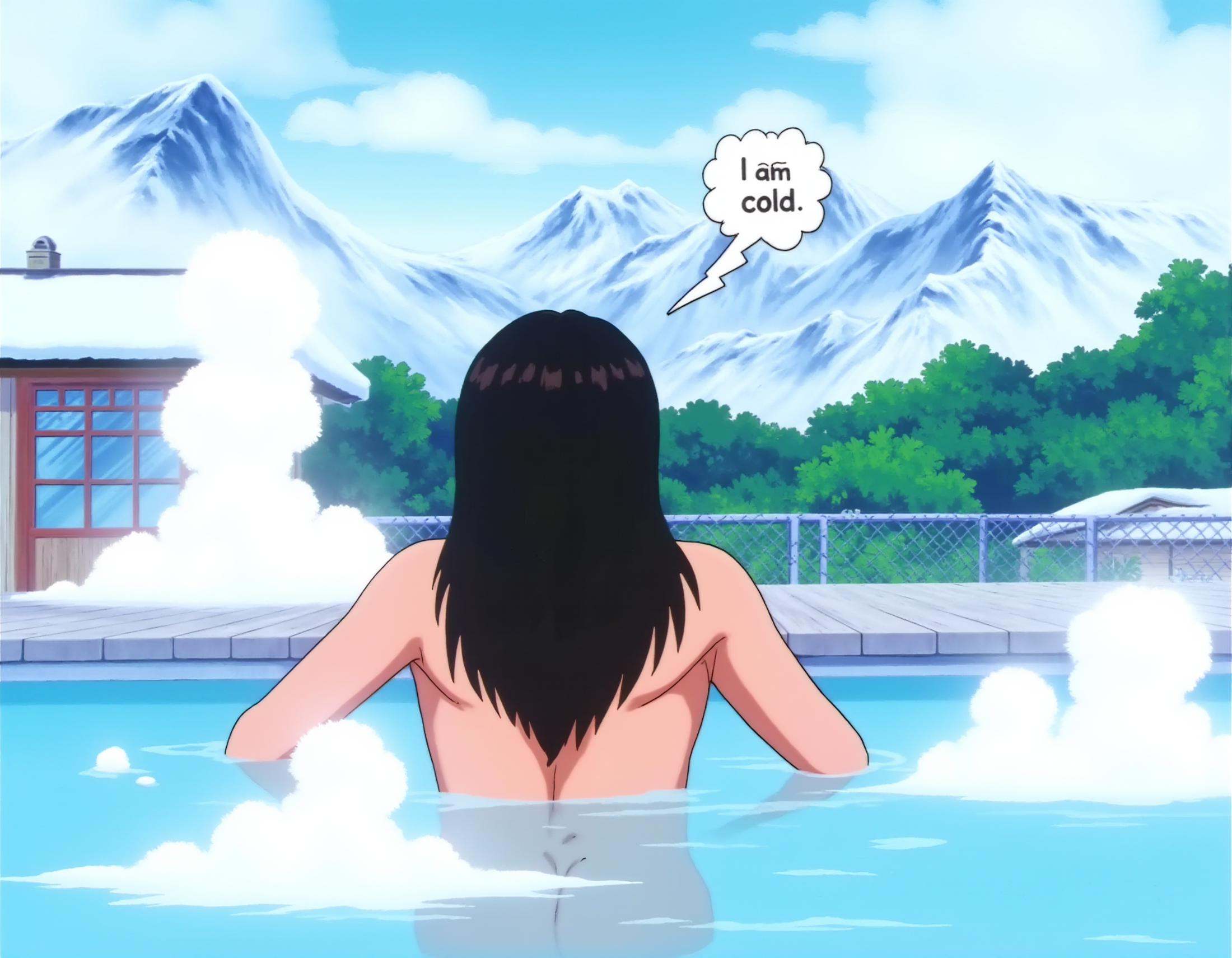 A dbzzz style image of the back of a naked girl in an hot spring. She has very long black hair. There is water vapour arou...