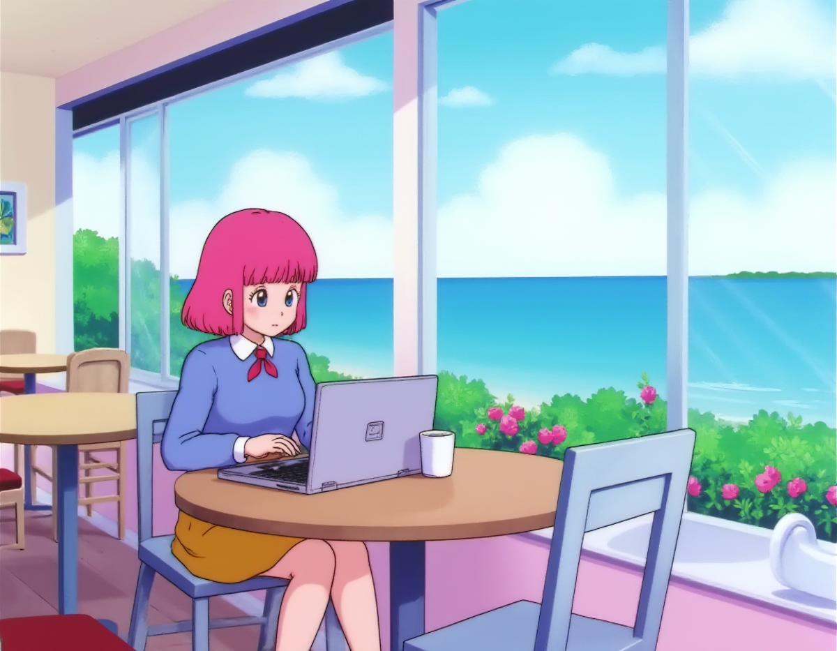 A dbzzz style image of a girl with pink hair in a cozy coffee shop. She is working on her laptop. There is a large window...