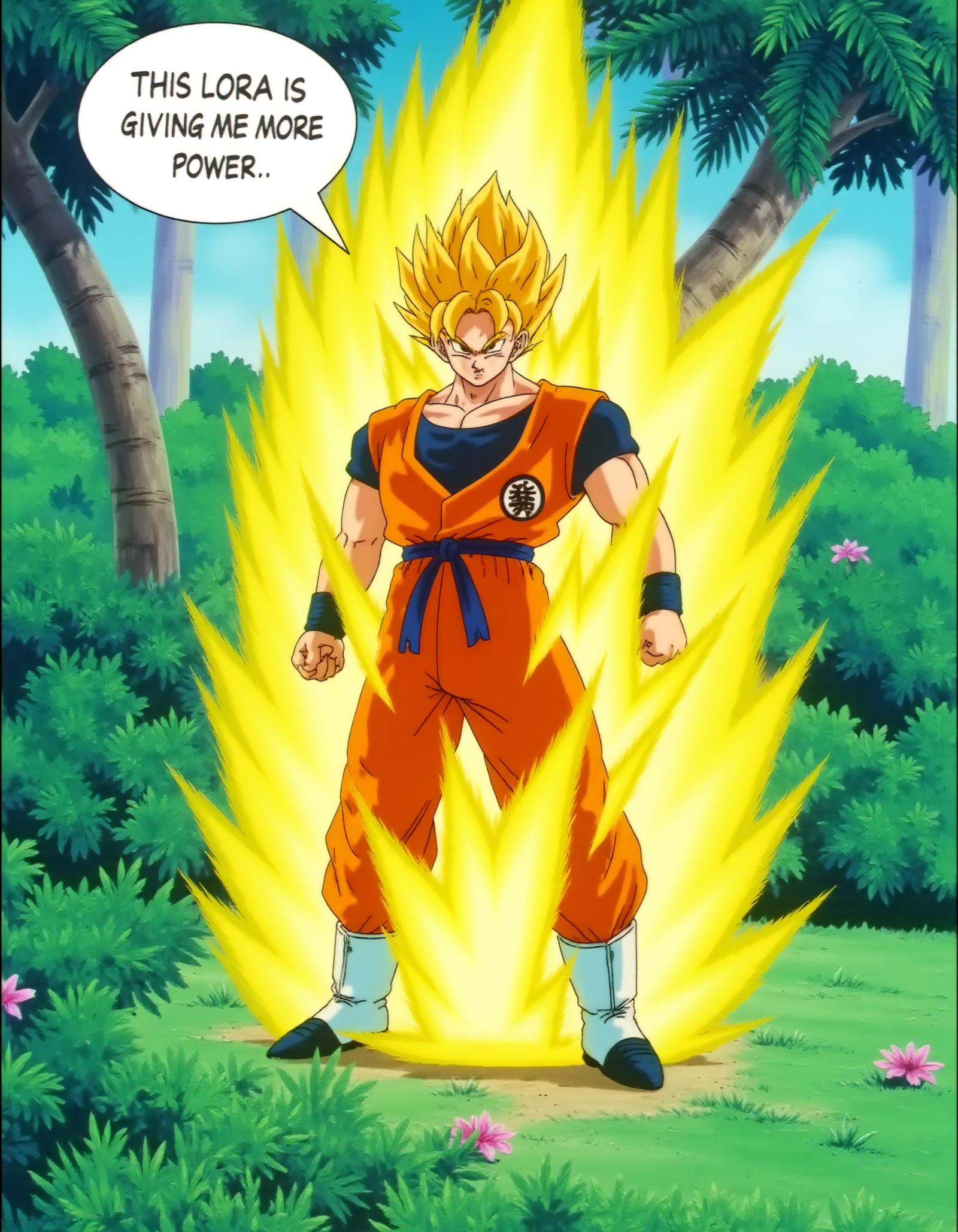 A dbzzz style image of Sangoku man transforming into super-saiyan in a tropical forest. There is yellow energy around his...