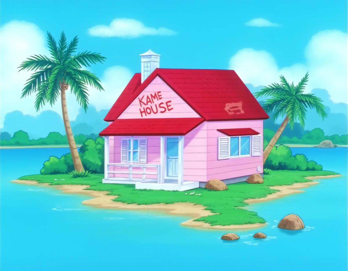 A dbzzz style image of a small cozy pink house with a red roof and the words "Kame House" written in red on the front. The...