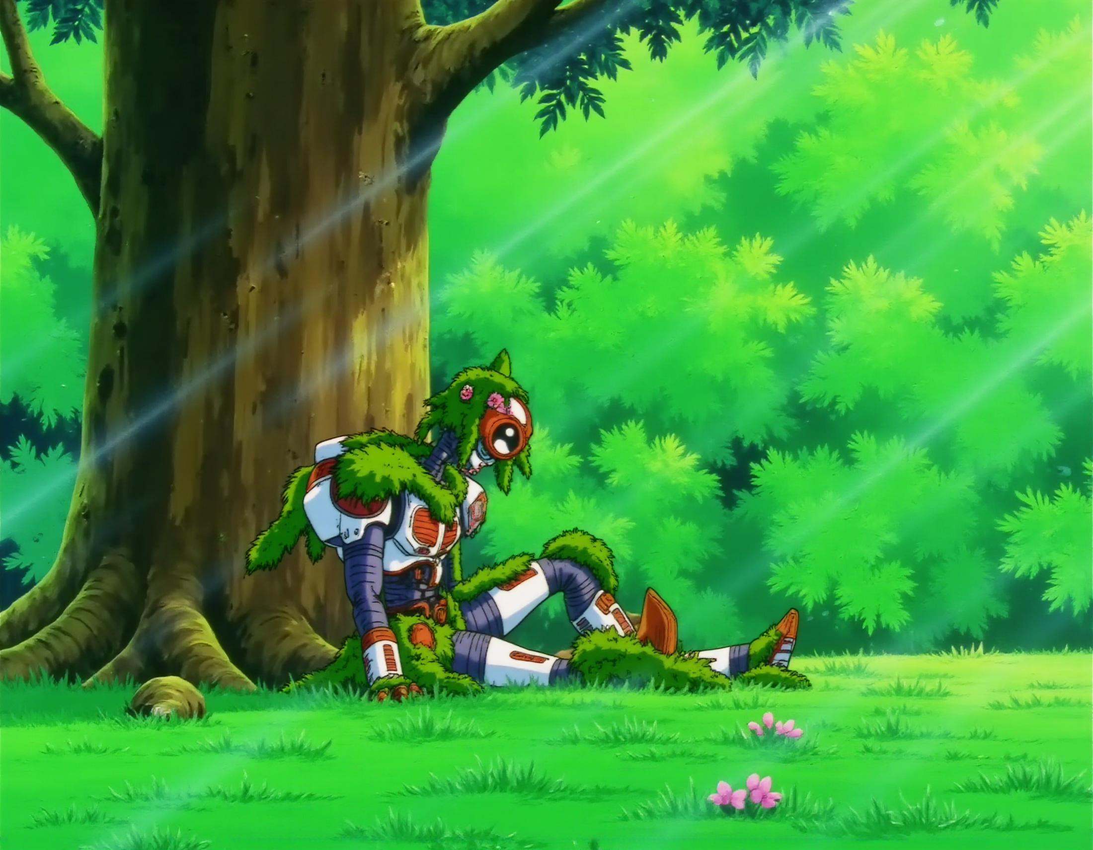 A dbzzz style image of an abandonned robot sitting against a giant tree in a lush green forest. The robot looks deactivate...