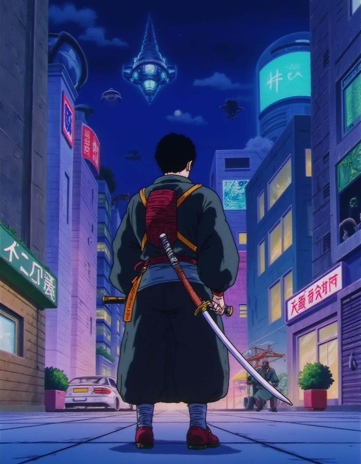 A dbzzz style image of a futuristic samurai standing in a street of a cyberpunk city by night. The samurai wears a mix of...