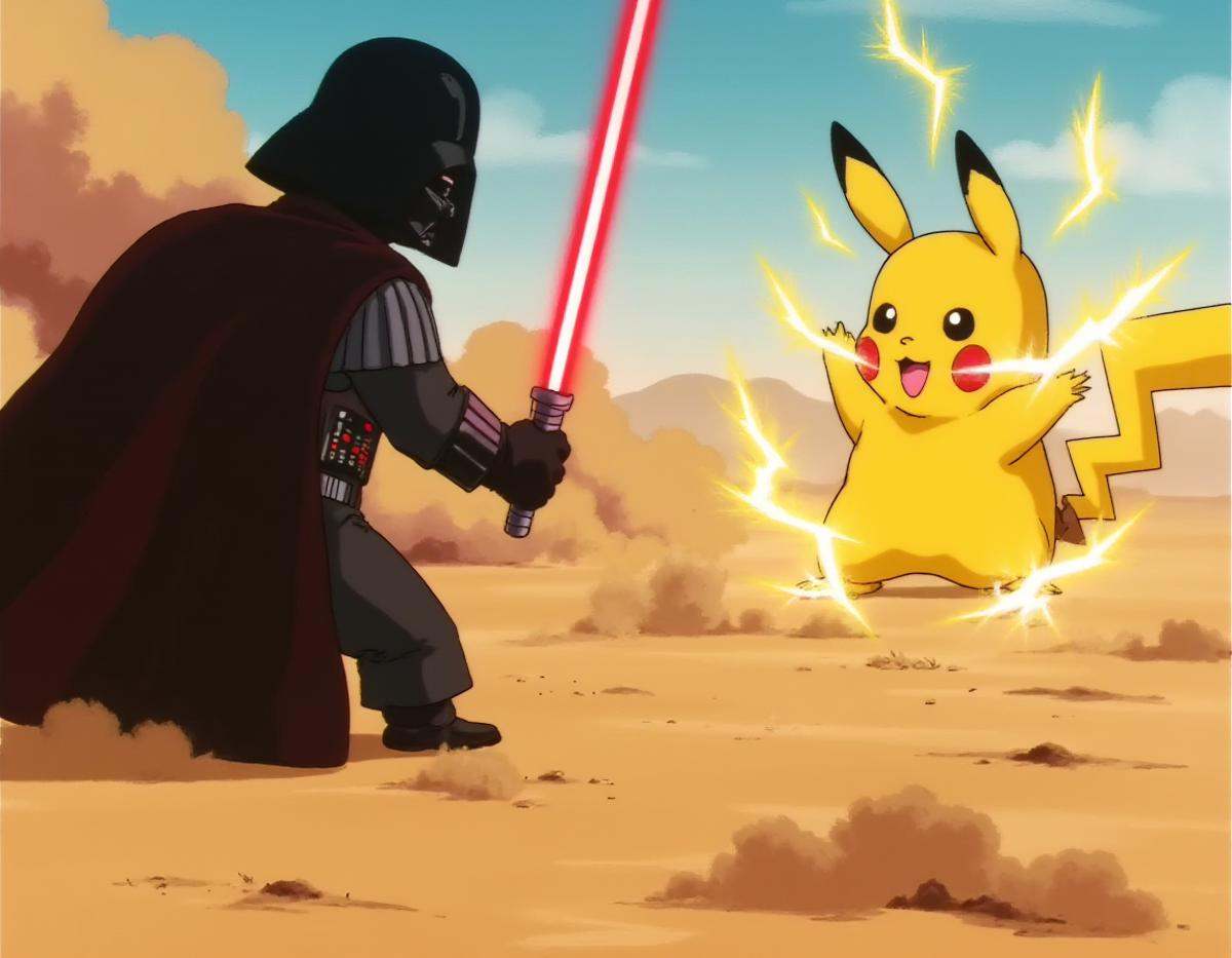 A dbzzz style image of a an epic fight between Pikachu and Darth Vader in a desertic landscape. Darth Vader is holding a r...