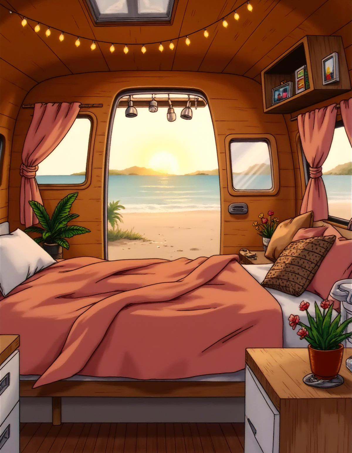 A dbzzz style image that shows interior of a cozy campervan,  beautifully detailed with warm and inviting decor. A comfy b...