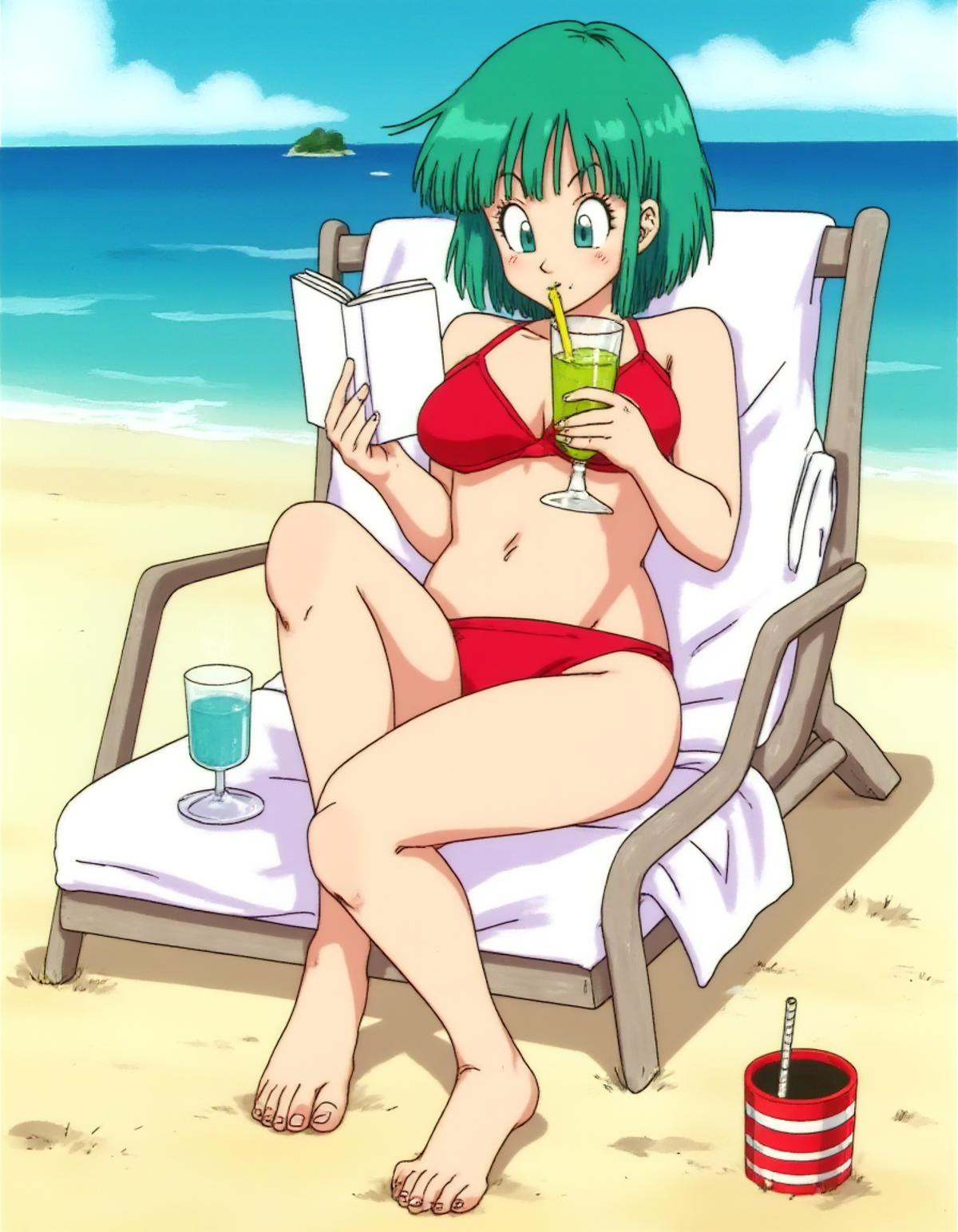 A dbzzz style image of Bulma girl on a beach wearing a sexy red bikini. She is laying on a beach chair reading a book and...