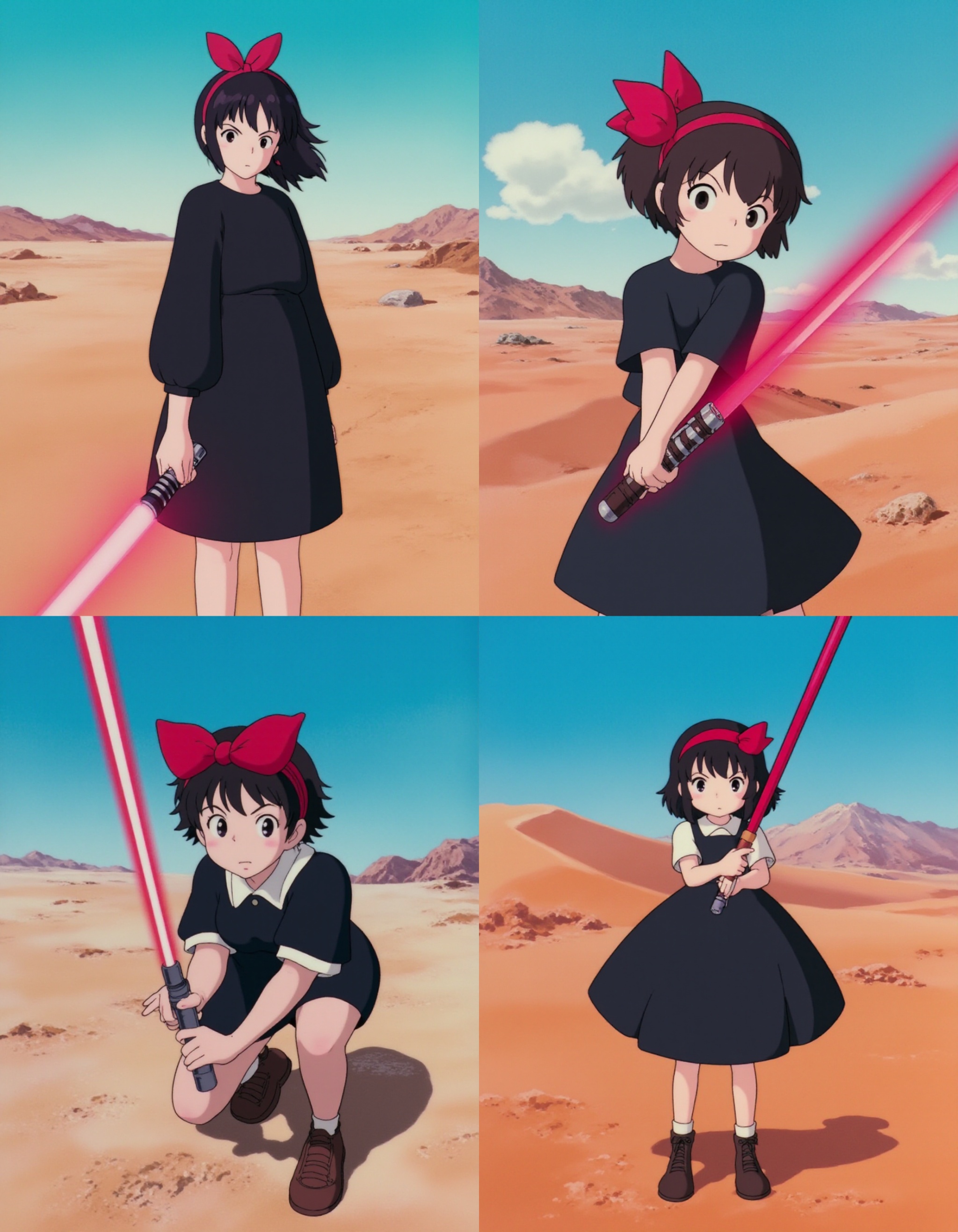 A KikiLaPetiteSorciere style image of a girl holding a red lightsaber on a hot desertic planet. She is wearing a black dre...