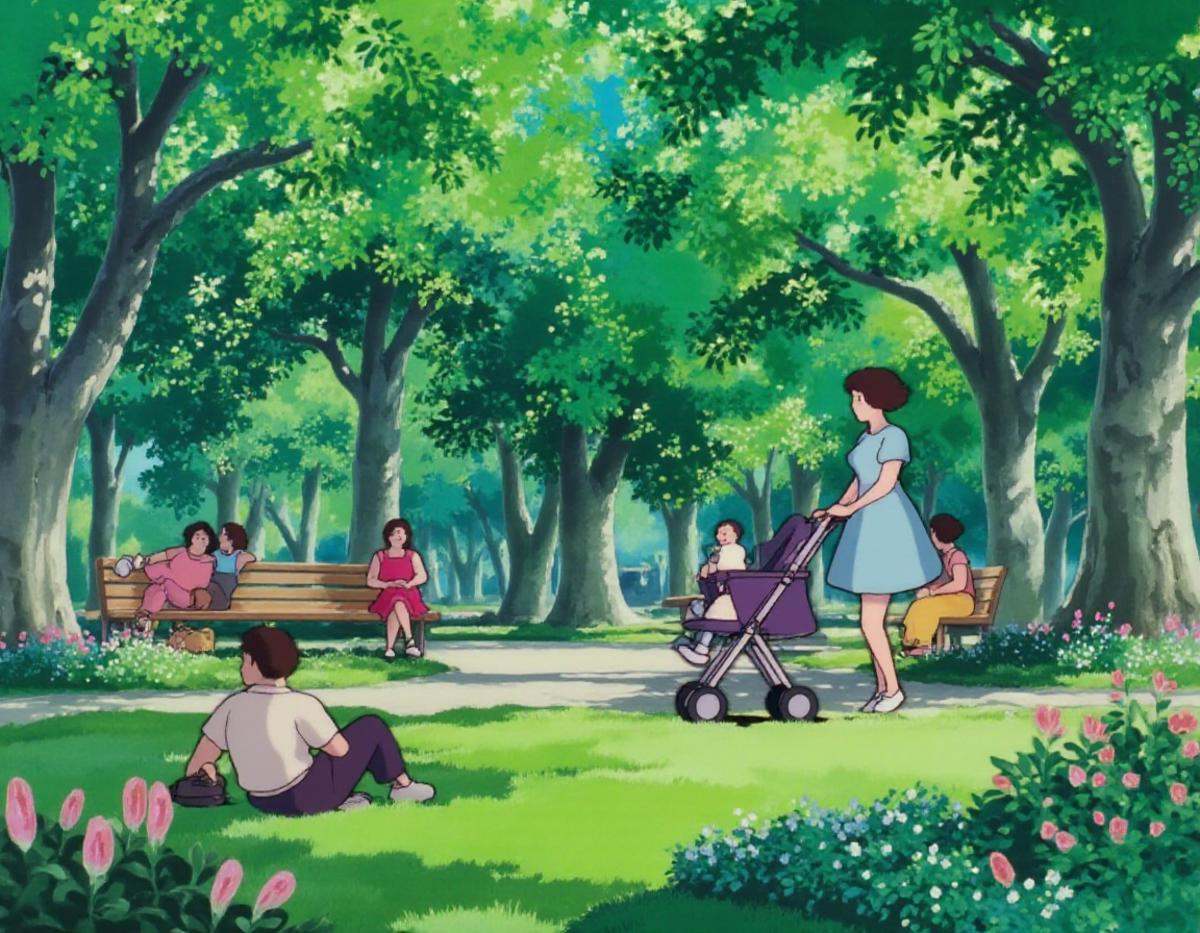 A KikiLaPetiteSorciere style image of a cozy park scene with a group of people walking and sitting on benches. The park is...