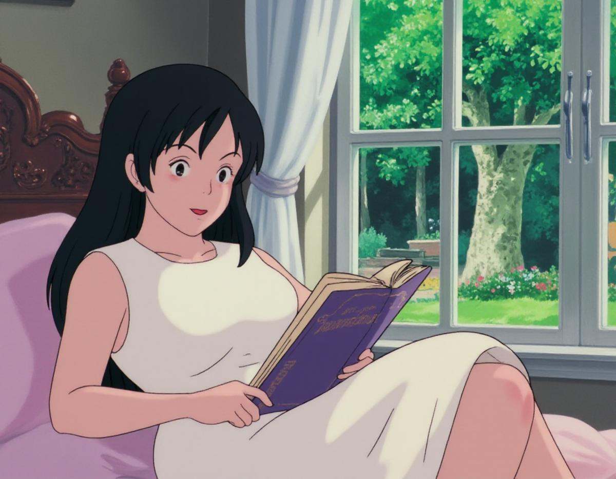 A KikiLaPetiteSorciere style image of a busty woman reading a book in a bedroom. The woman is wearing a white dress,  she...