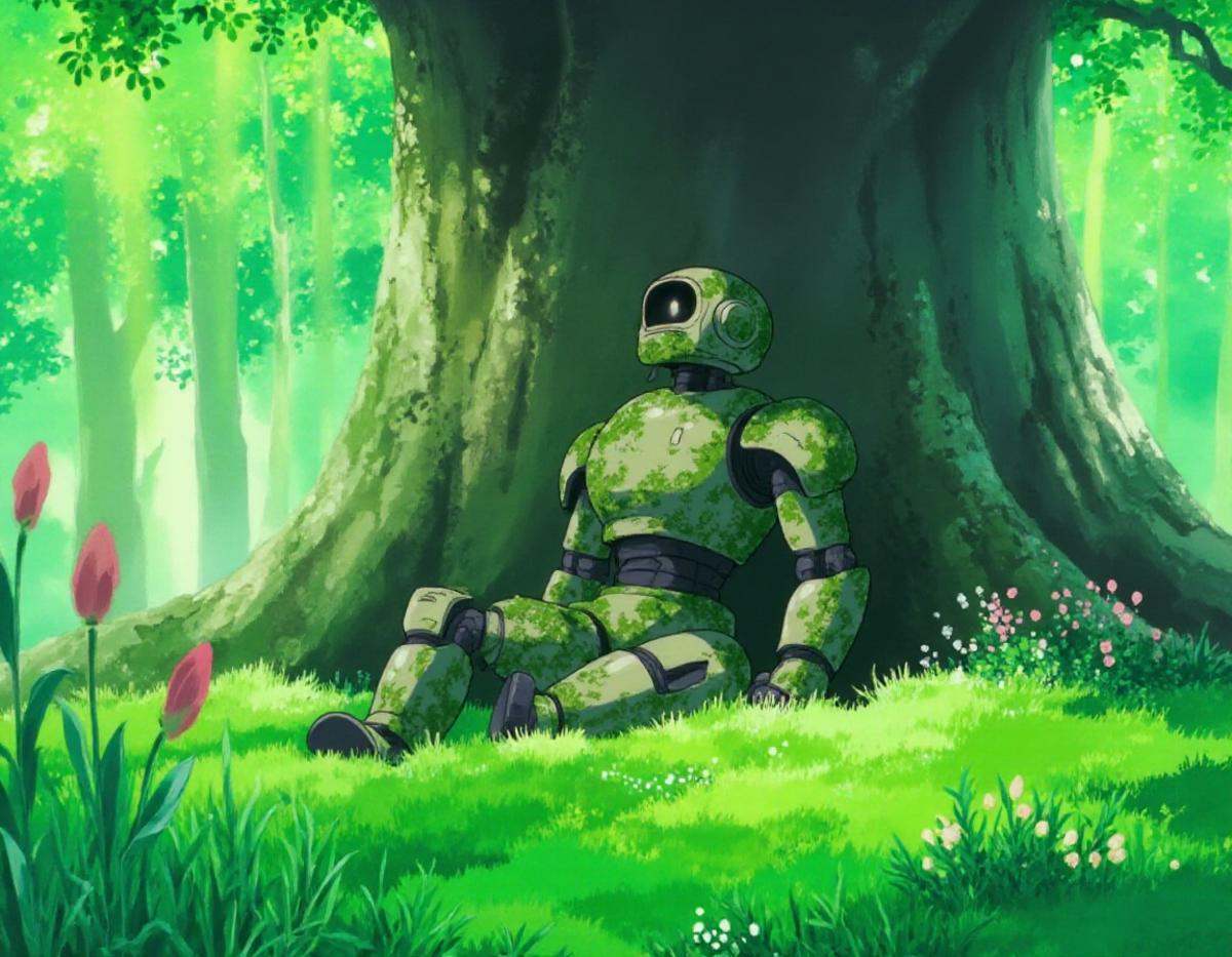 A KikiLaPetiteSorciere style illustration of an abandonned robot sitting against a giant tree in a lush green forest. The...