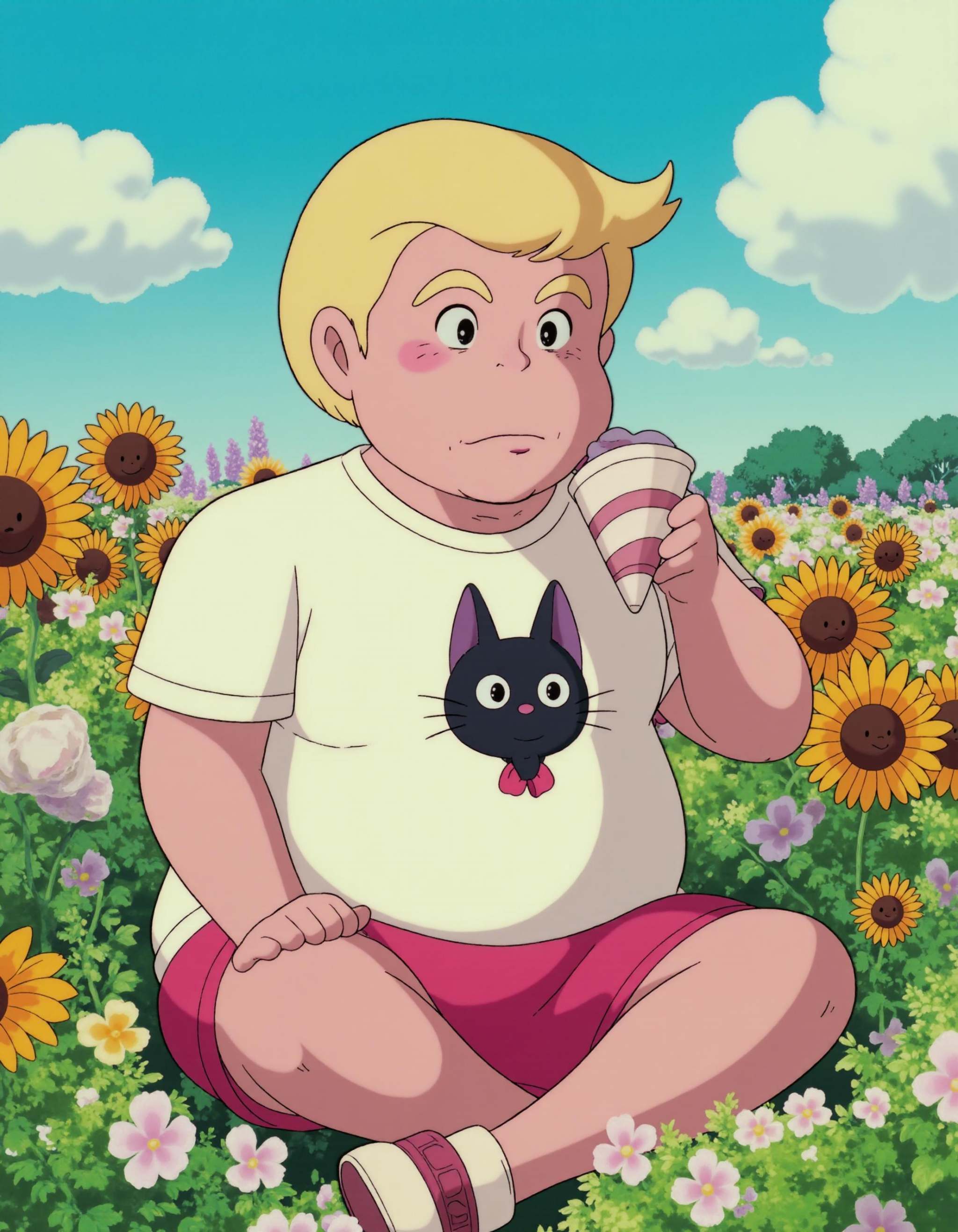 A KikiLaPetiteSorciere style image of Donald Trump man sitting in a field of flower. He is eating an ice cream while looki...
