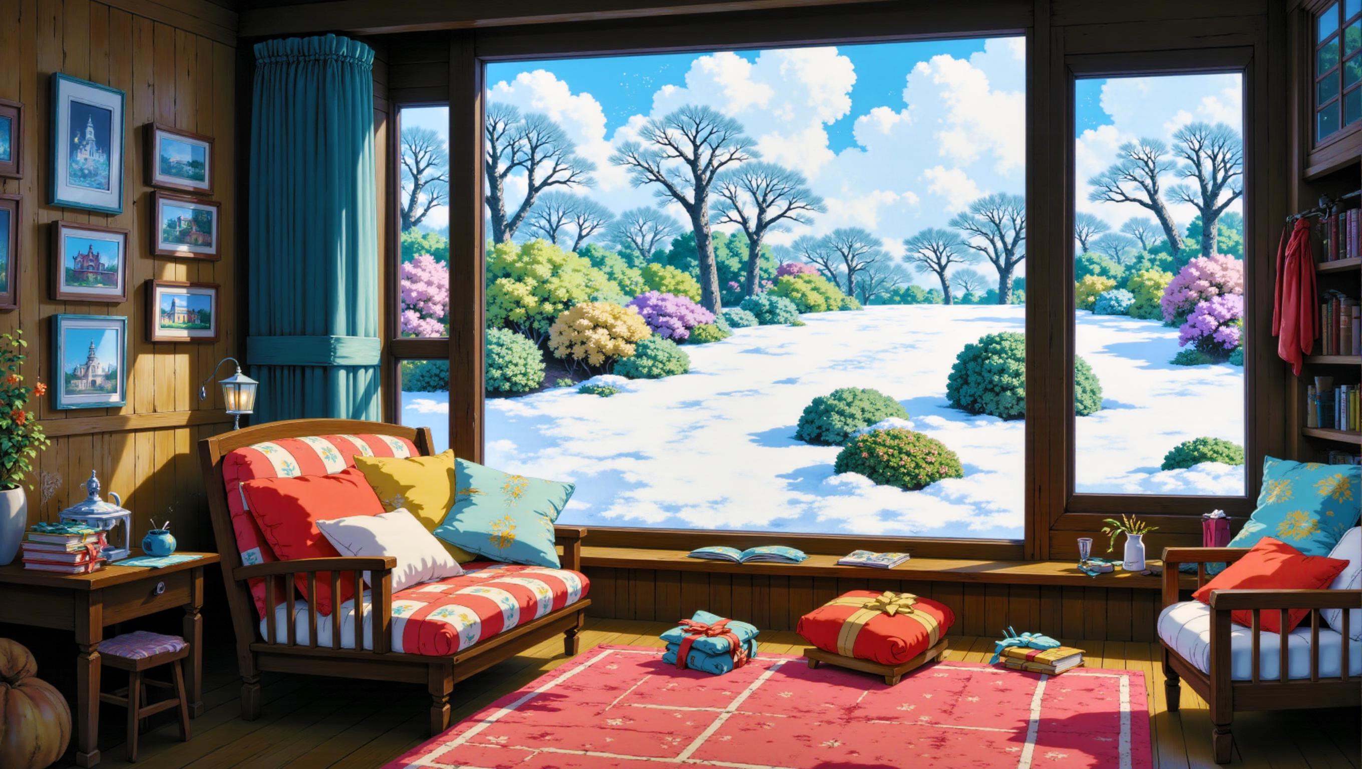 a cozyWallpaper style image of an indoor scene featuring a cozy reading nook by a large window. The window offers a view of a peaceful garden or a snowy landscape, depending on the season you prefer. The nook itself is furnished with a soft armchair, a warm blanket, and a stack of books. A small table beside the chair holds a steaming cup of tea or coffee. The room is softly lit by a nearby lamp, creating a perfect atmosphere for relaxation and escape into a good book.  <lora:cozyWallpaper flux_epoch_18:1>