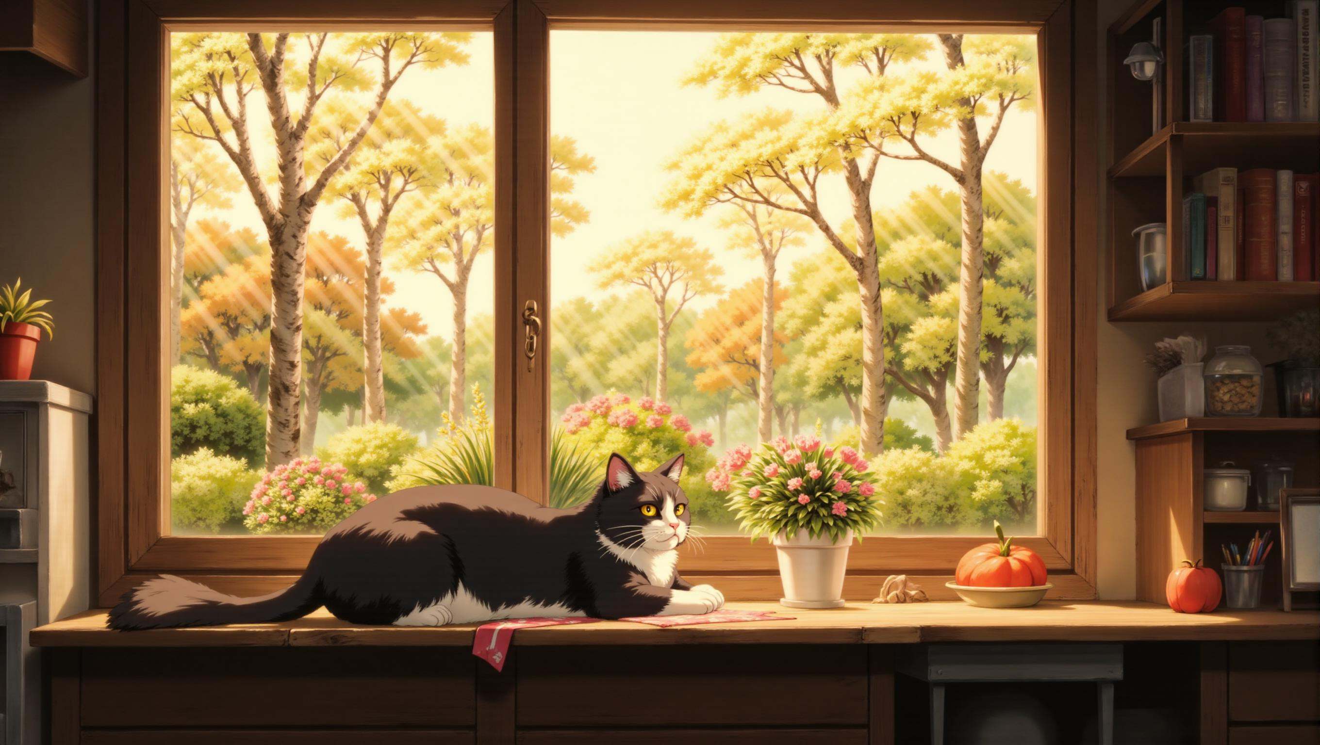 a cozyWallpaper style image a small, cozy room with a large window that lets in the soft, warm light of the afternoon sun. A fluffy cat is curled up on a windowsill, basking in the sunlight. Outside the window, you can see a peaceful garden with blooming flowers and tall trees. The cat looks completely at peace, adding a serene and comforting vibe to the scene.  <lora:cozyWallpaper flux_epoch_18:1>