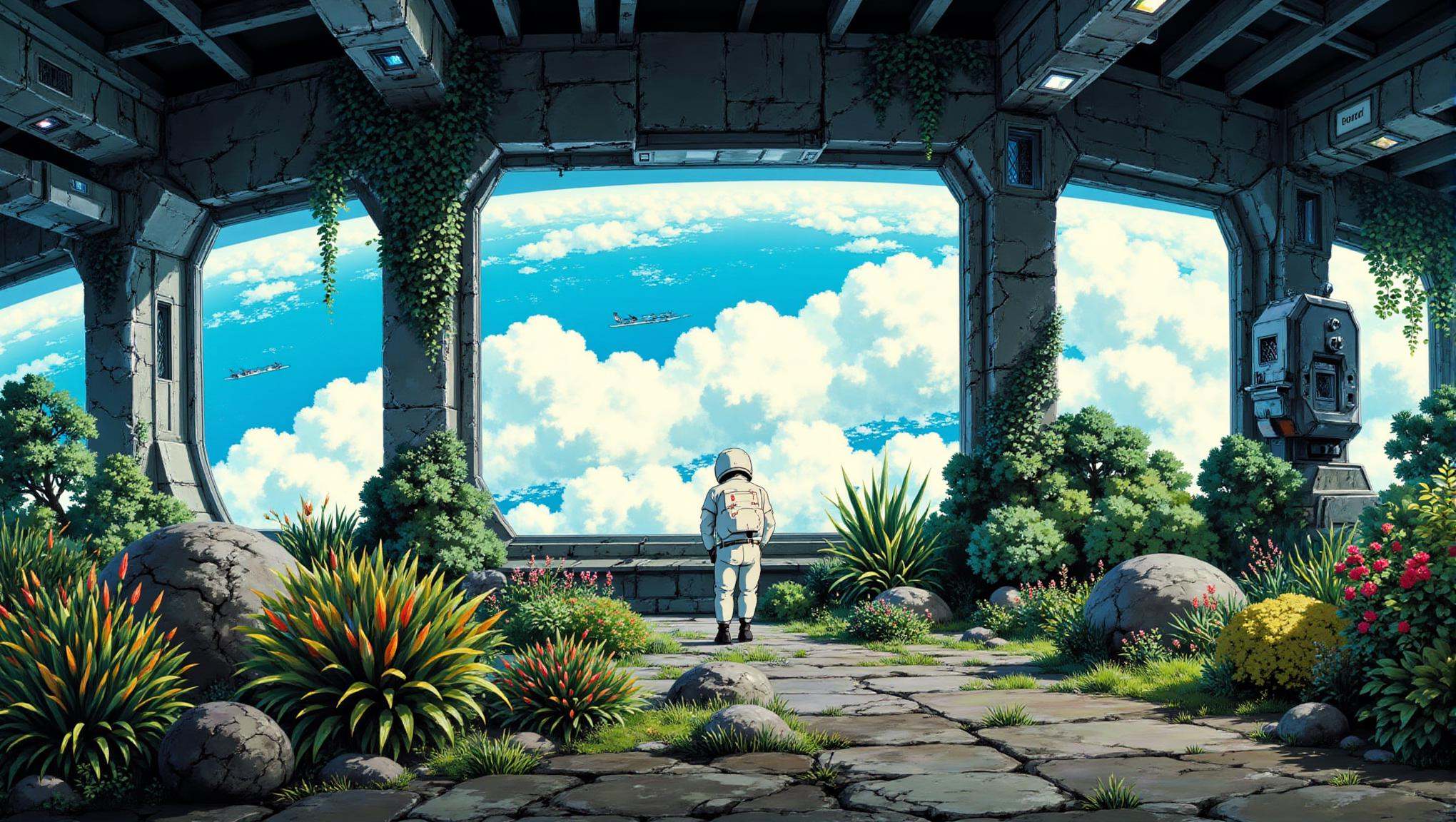 a cozyWallpaper style image of an overgrown garden inside an abandoned space station orbiting a distant planet. The garden is filled with vibrant, alien plants, with sunlight streaming in through large windows overlooking the planet below. A lone astronaut is tending to the plants, creating a sense of care and tranquility amidst the high-tech surroundings. The scene feels both isolated and peaceful, a mix of nature and technology in a forgotten corner of space. <lora:cozyWallpaper flux_epoch_18:1>