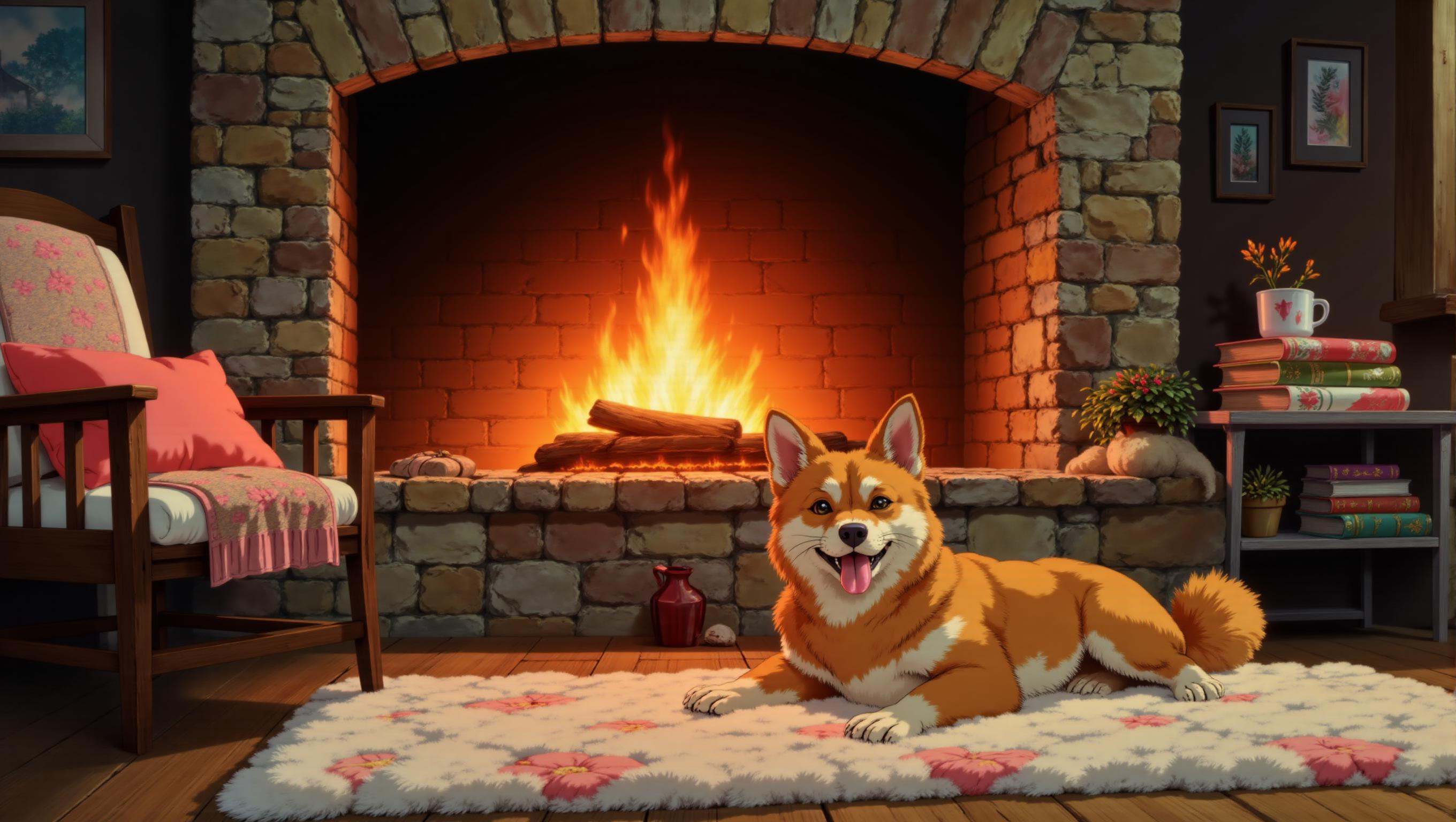 a cozyWallpaper image of a cozy living room scene with a stone fireplace crackling warmly in the background. An Eurasier dog is lying on a plush rug in front of the fire, looking content and relaxed. The room is softly lit, with a comfortable armchair nearby, draped with a knitted blanket. A stack of books and a steaming cup of cocoa on a side table add to the cozy atmosphere.  <lora:cozyWallpaper flux_epoch_18:1>