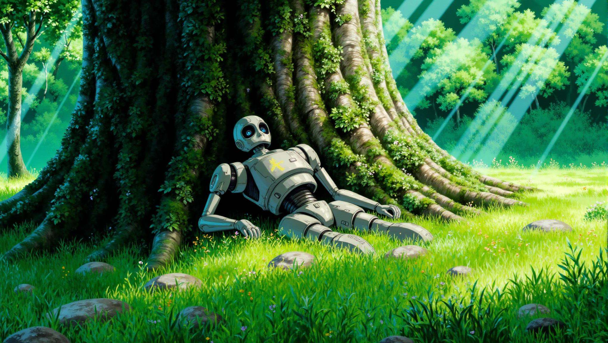 a cozyWallpaper style image of an ancient abondonned humanoid robot laying against a large tree in a lush green forest. The tree has a thick trunk and is covered in moss and lichen. There are rays of sunlight shining, creating a beautiful and serene atmosphere. The grass is a vibrant green color. The overall mood of the illustration is natural and desolate.  <lora:cozyWallpaper_flux:1>