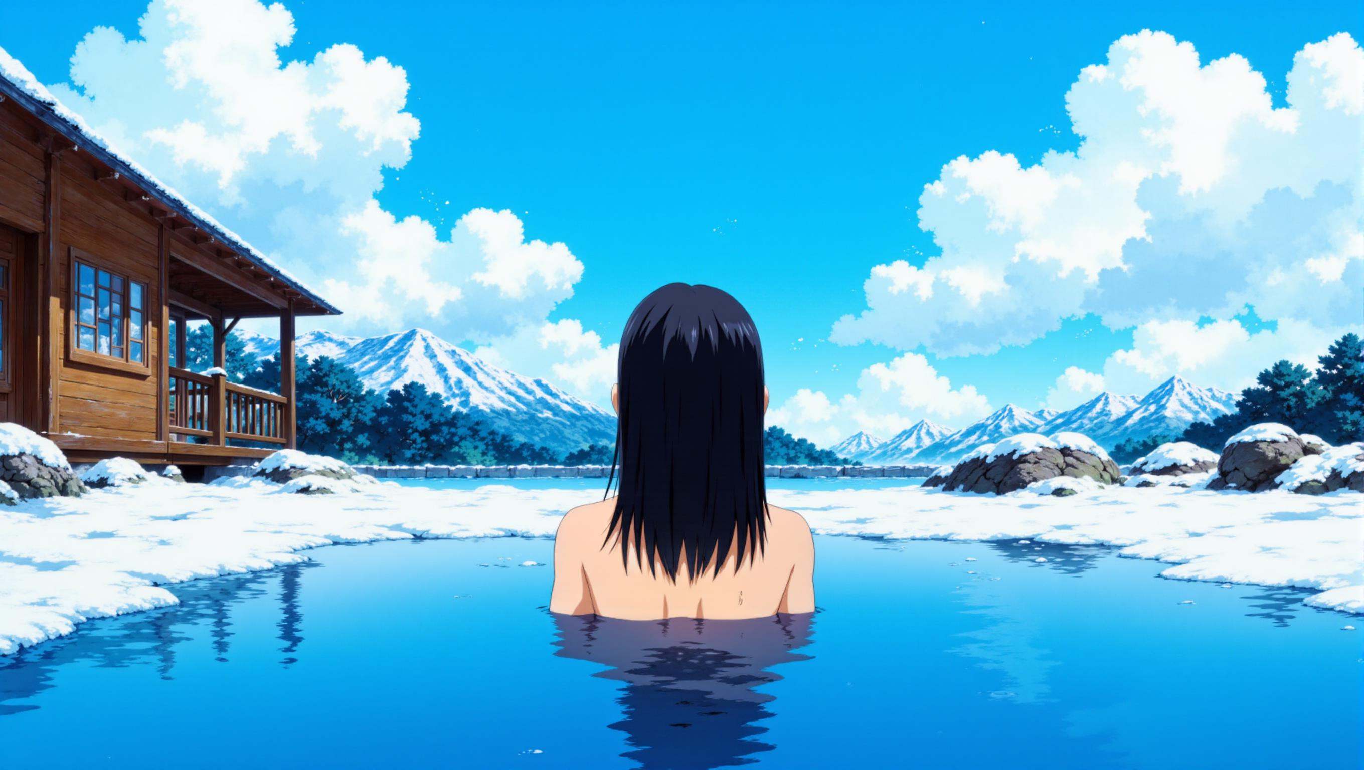 a cozyWallpaper style image of a young girl sitting in a hot spring. She is facing away from the camera. The hot spring is surrounded by snow-covered rocks and there is a cozy wooden cabin on the left side of the image. In the background, there is a stunning view on mountains and a blue sky with white clouds. The girl has long black hair. The overall atmosphere of the image is peaceful and serene.  <lora:cozyWallpaper flux_epoch_18:1>