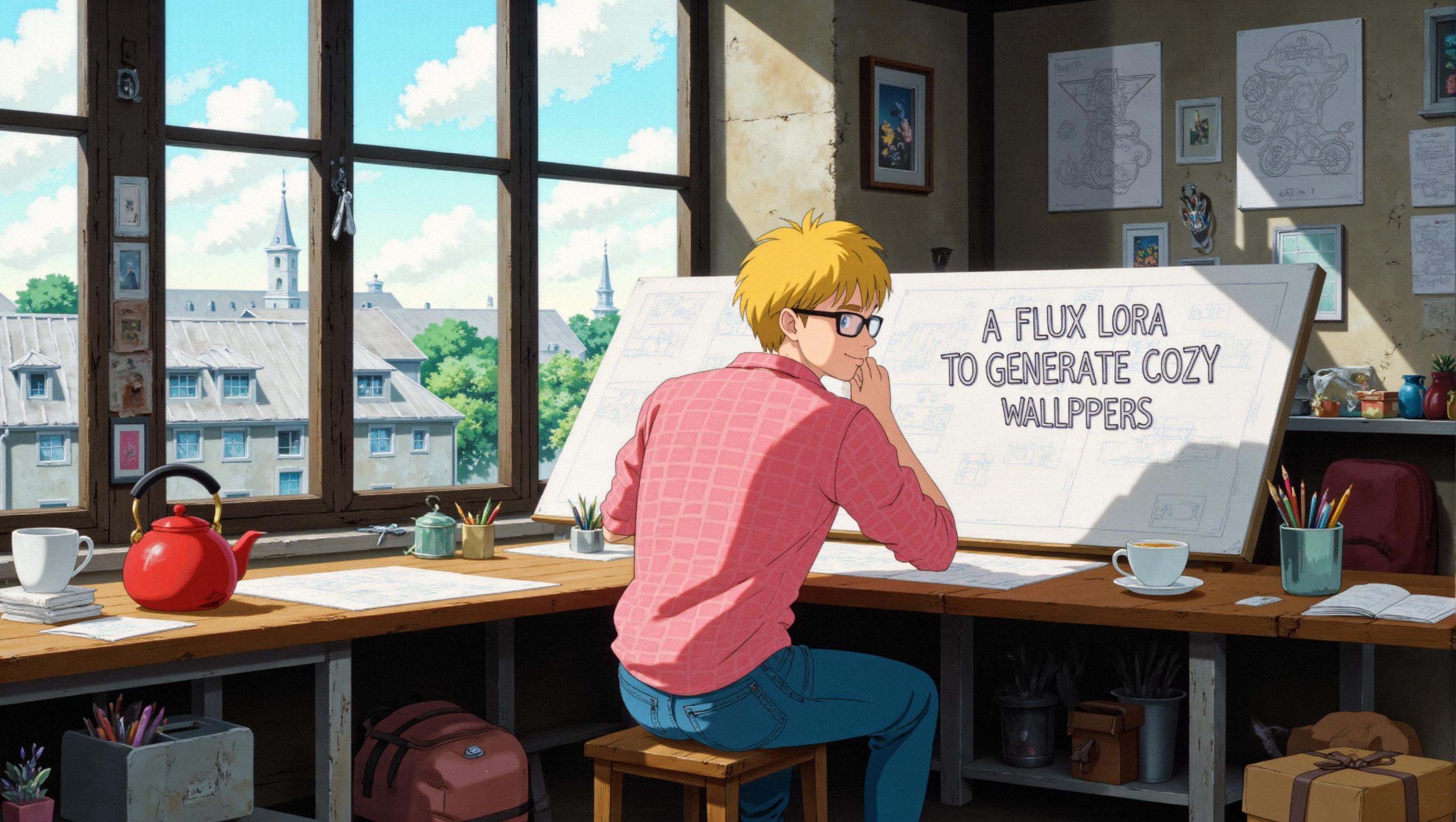 a cozyWallpaper style image of a man working in a cozy, creative workspace. The young man with blond hair sits at a wooden stool, working at a large drafting table covered with blueprints and sketches of designs. The text "A FLUX LORA TO GENERATE COZY WALLPAPERS" is written on the blueprint in front of him. He is wearing a pink checkered shirt, jeans, and black glasses, smiling as he rests his head on his hand, giving off a relaxed and thoughtful vibe. The room is filled with natural light pouring in from large, paned windows. In the background, there are more blueprints pinned to the walls, and the scene outside the window suggests a calm, sunny day with a view of industrial buildings. On a side table, there’s a red teapot and a cup, adding a homely touch to the otherwise technical atmosphere. The setting feels nostalgic and serene, combining creativity with a sense of warmth and comfort. The overall aesthetic is peaceful, with soft tones and a sense of gentle productivity. <lora:cozyWallpaper_flux:1>