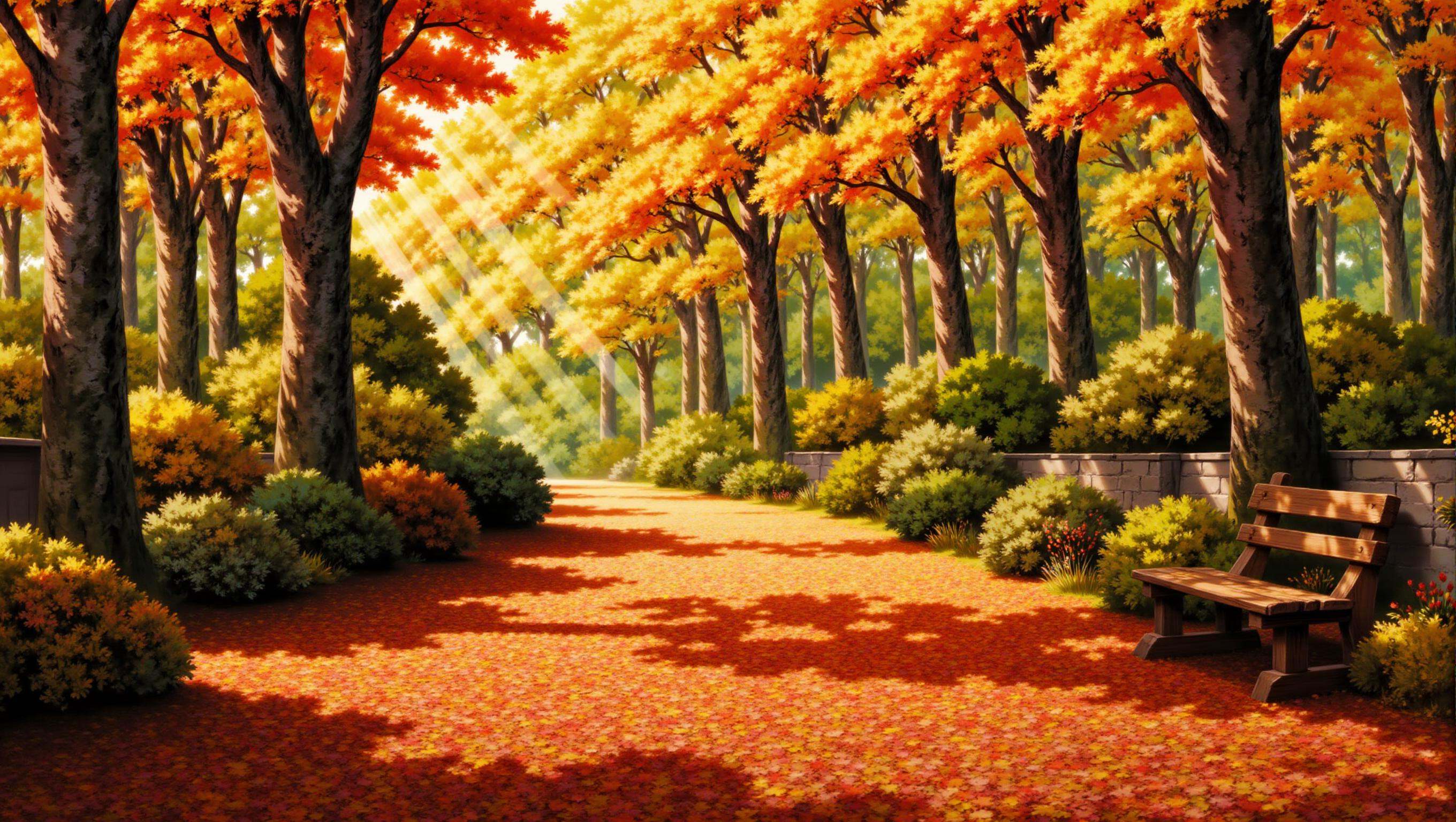 a cozyWallpaper image of a winding path through a dense forest, with tall trees on either side. Fallen leaves cover the path, and the sunlight filtering through the trees gives a golden glow to the scene. A wooden bench is situated beside the path, inviting someone to sit and take in the beauty of the season. The overall atmosphere is warm, cozy, and full of autumn charm.   <lora:cozyWallpaper flux_epoch_18:1>