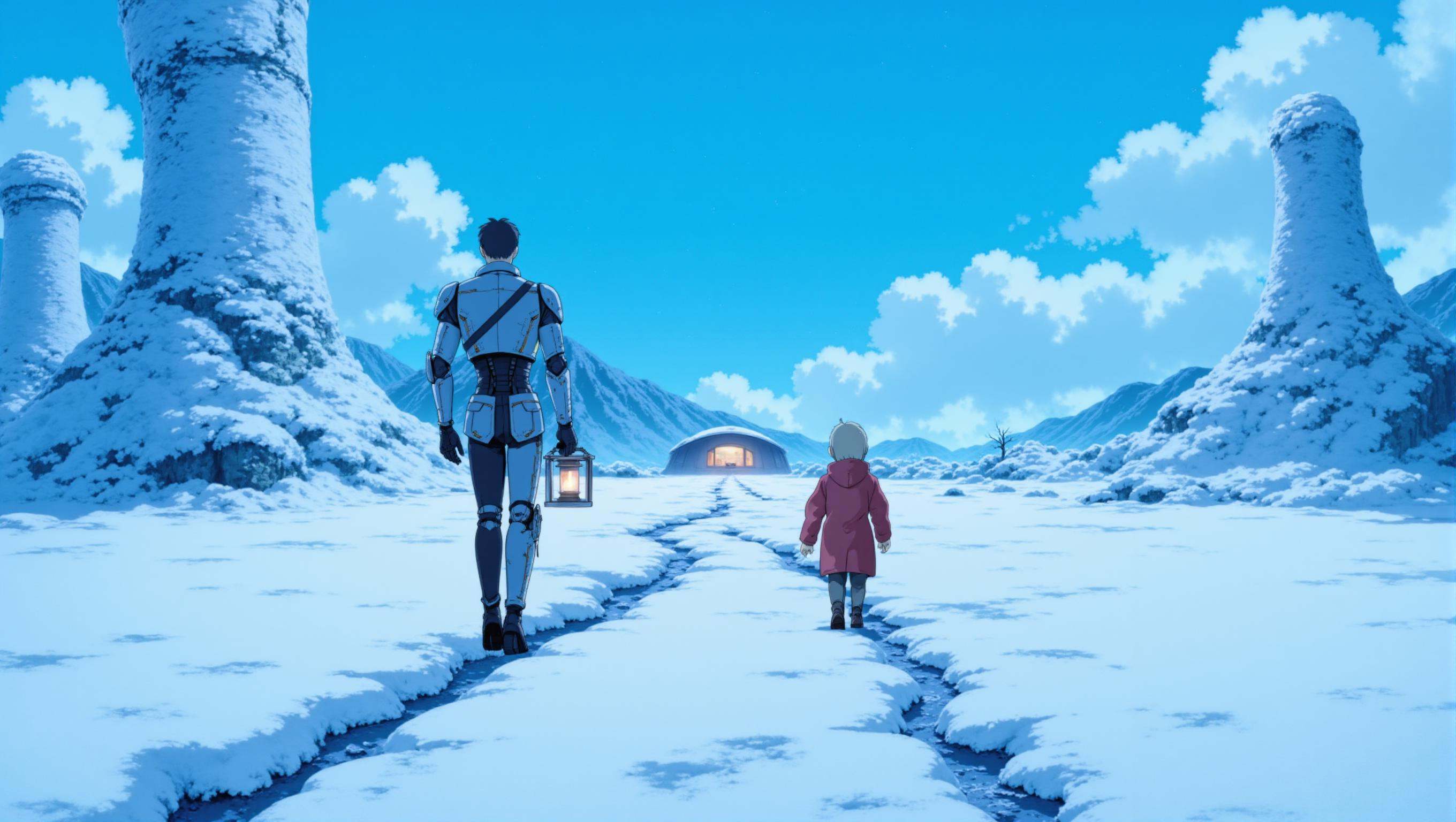 a cozyWallpaper style image of a snowy landscape on a distant planet, with towering ice formations and a soft, blue twilight sky. A humanoid (robot:1.2), designed with a sleek, minimalist aesthetic, is walking alongside a child, who is bundled up in a futuristic winter coat. They’re leaving a trail of footprints in the snow as they head toward a small, glowing dome in the distance—their cozy home. The robot carries a lantern that casts a warm light, creating a comforting atmosphere in the cold, alien wilderness. <lora:cozyWallpaper flux_epoch_18:1>